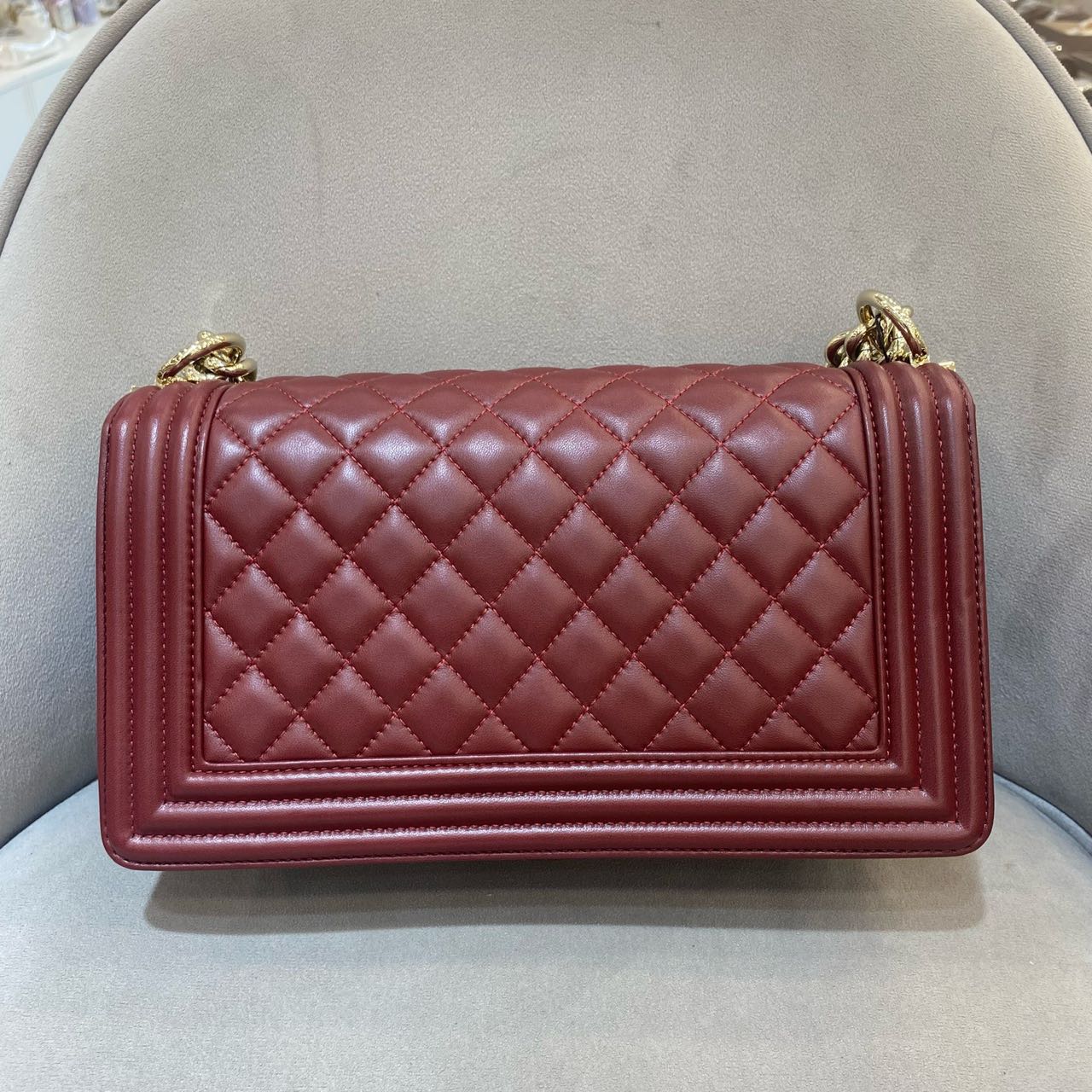 Pre-owned Certified Chanel Medium Boy Bag in Burgundy Leather with Golden Hardware, 2016,  w/ full set