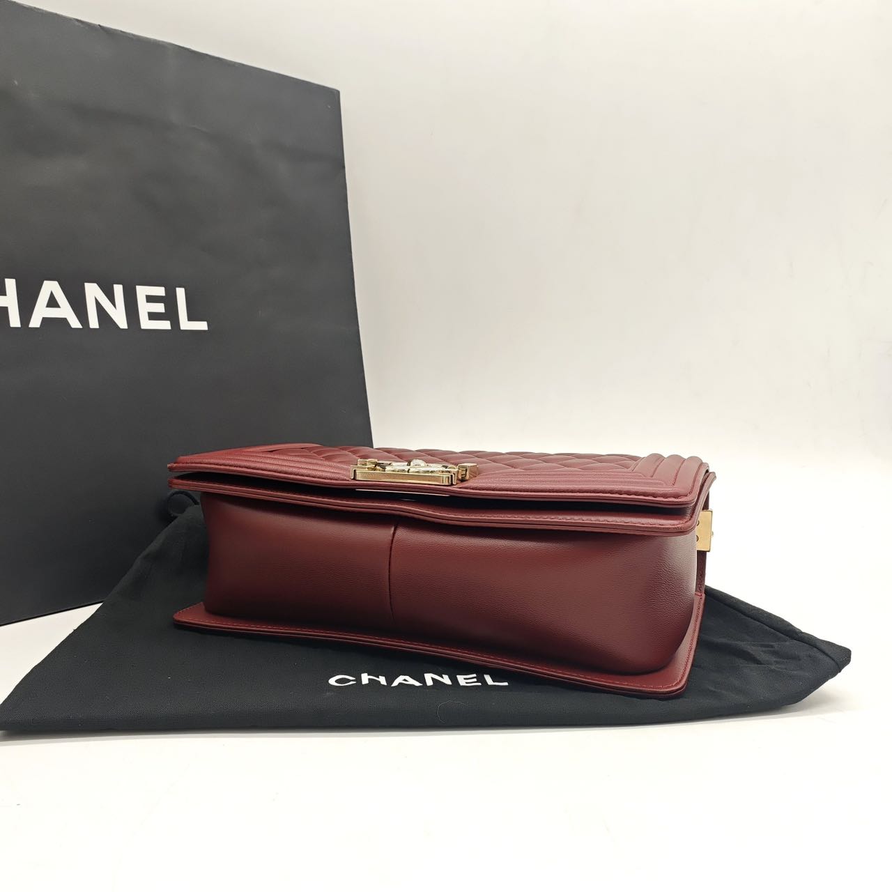 Pre-owned Certified Chanel Medium Boy Bag in Burgundy Leather with Golden Hardware, 2016,  w/ full set