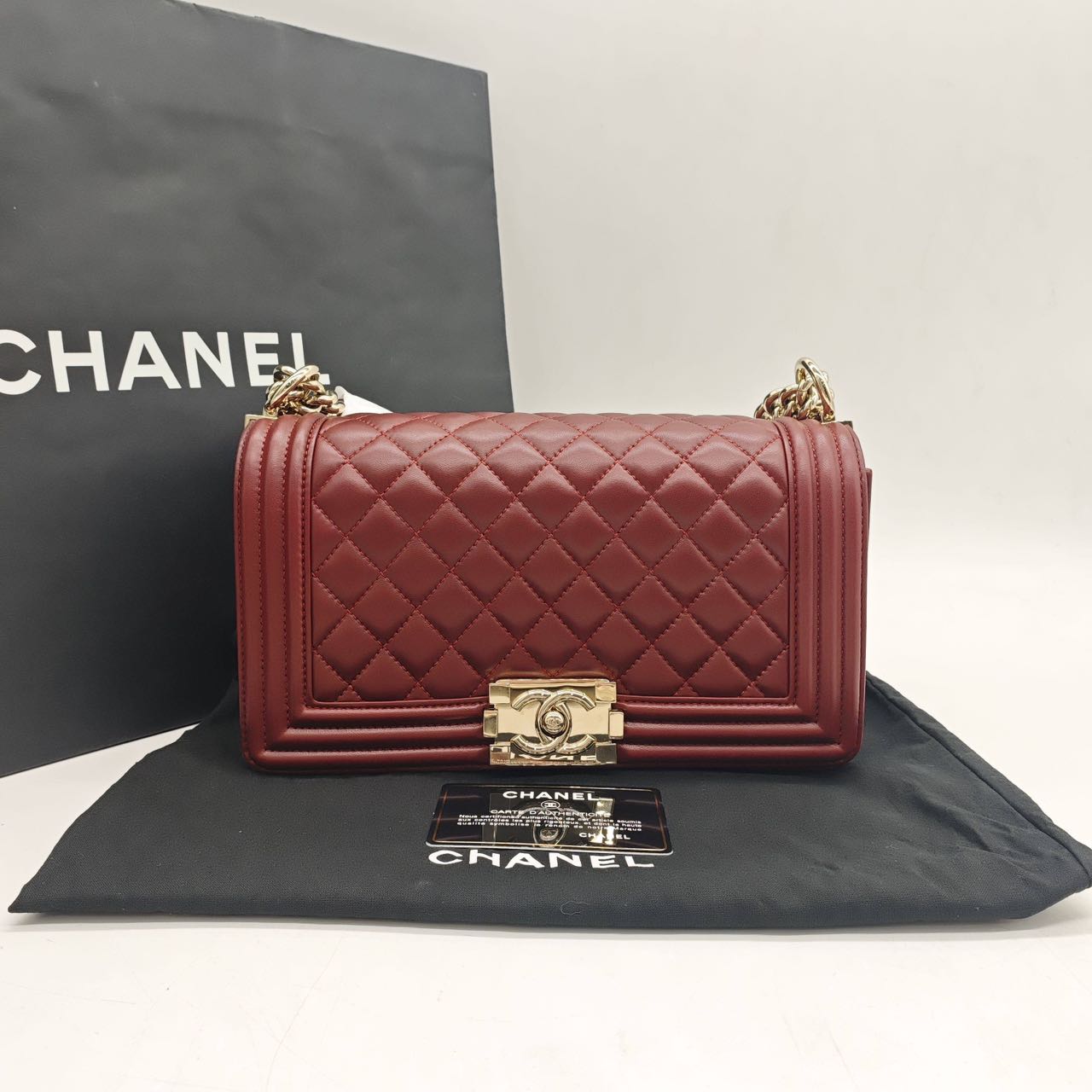 Pre-owned Certified Chanel Medium Boy Bag in Burgundy Leather with Golden Hardware, 2016,  w/ full set