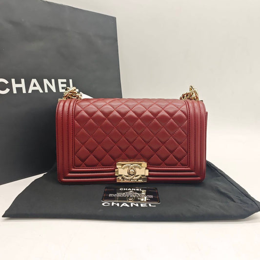 Pre-owned Certified Chanel Medium Boy Bag in Burgundy Leather with Golden Hardware, 2016,  w/ full set