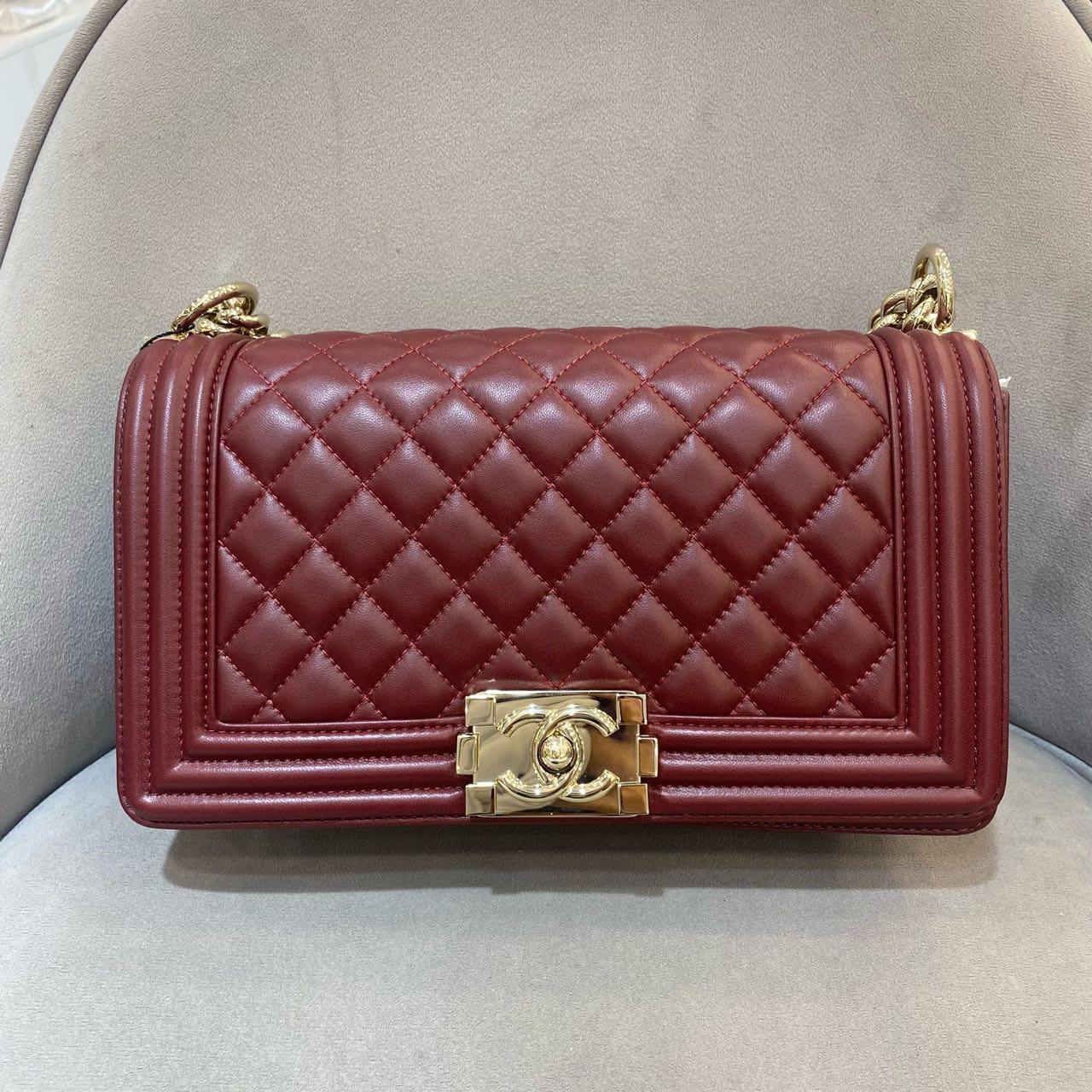 Pre-owned Certified Chanel Medium Boy Bag in Burgundy Leather with Golden Hardware, 2016,  w/ full set