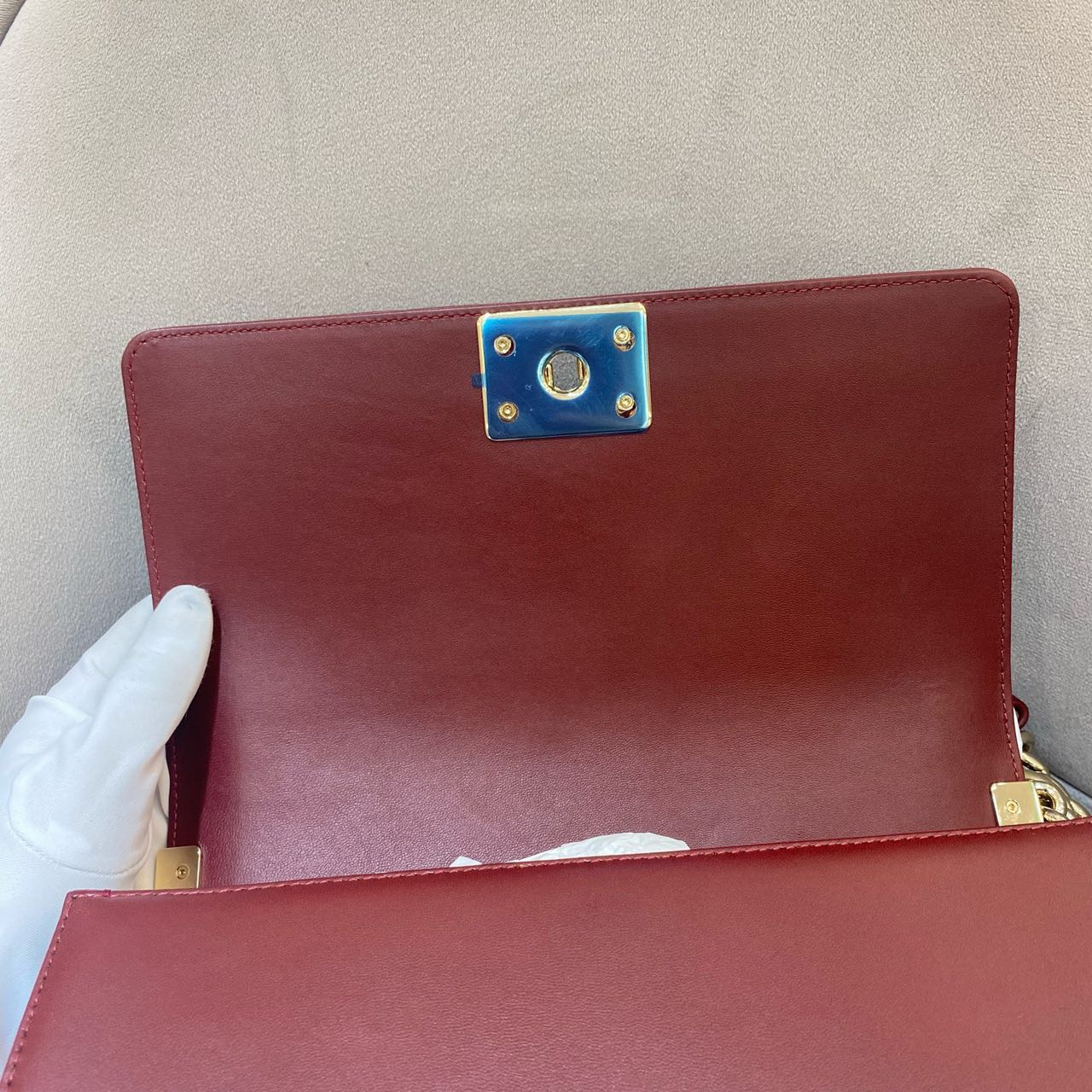 Pre-owned Certified Chanel Medium Boy Bag in Burgundy Leather with Golden Hardware, 2016,  w/ full set