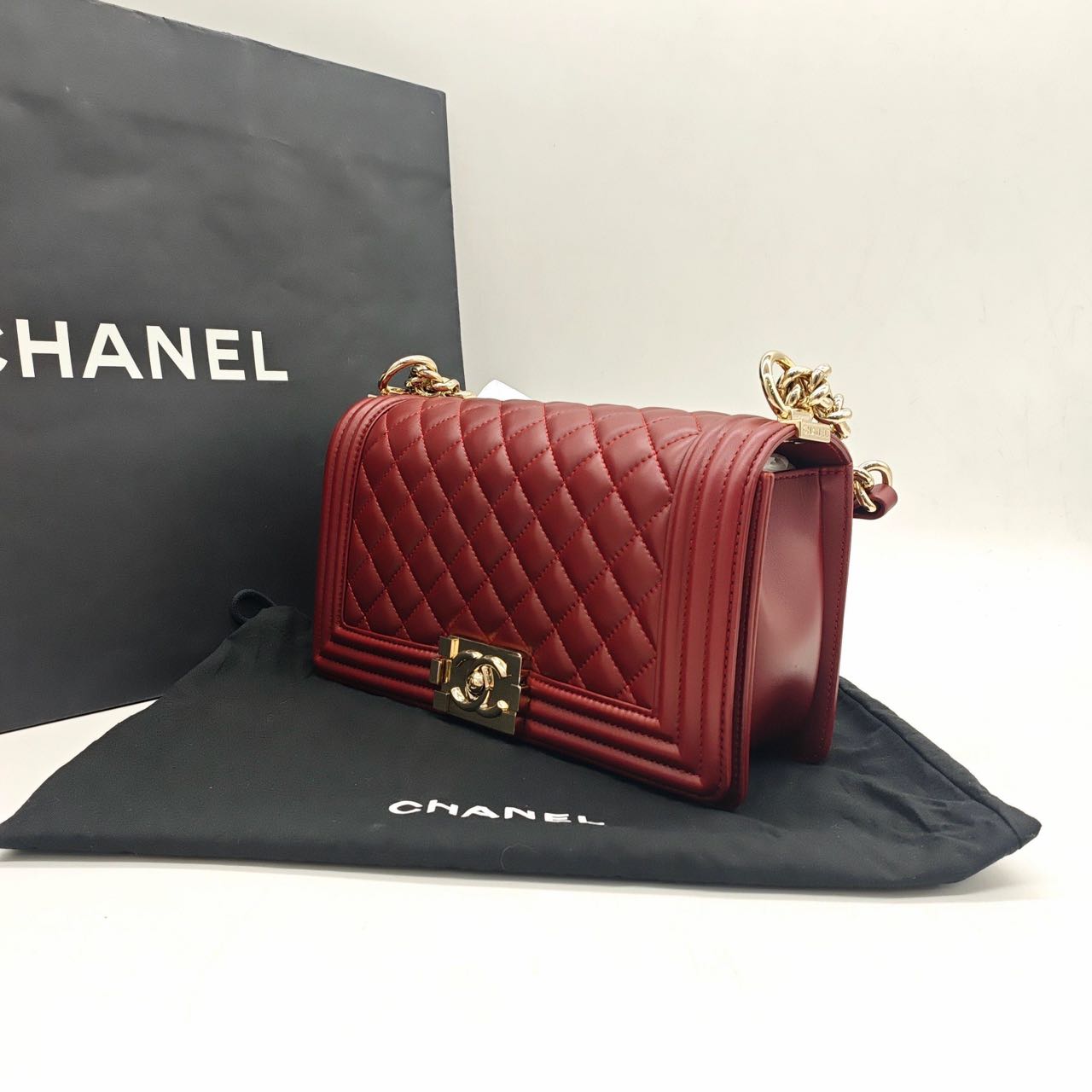 Pre-owned Certified Chanel Medium Boy Bag in Burgundy Leather with Golden Hardware, 2016,  w/ full set