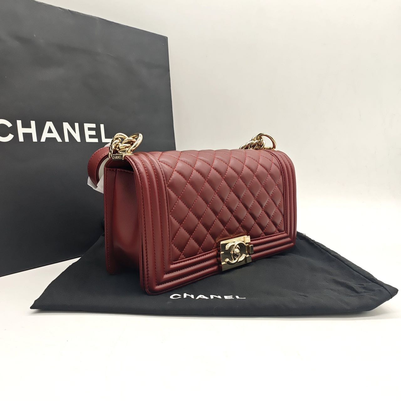 Pre-owned Certified Chanel Medium Boy Bag in Burgundy Leather with Golden Hardware, 2016,  w/ full set