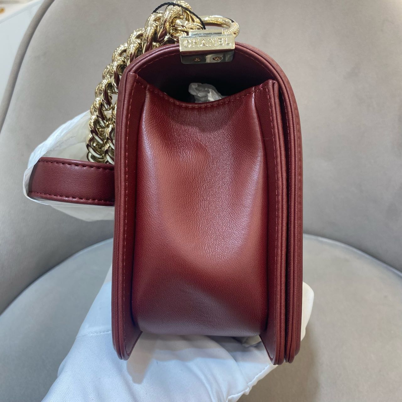 Pre-owned Certified Chanel Medium Boy Bag in Burgundy Leather with Golden Hardware, 2016,  w/ full set