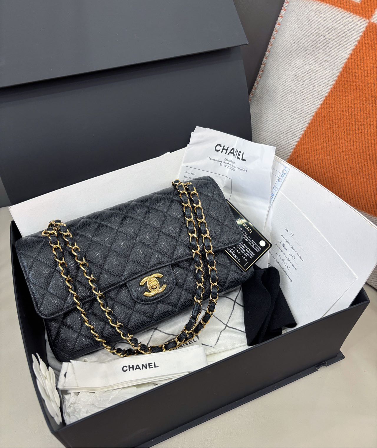 Pre-owned Certified Chanel  Medium CF Double Classic Flap Black Caviar Leather with Golden Hardware, 2016-2017, w/ full set