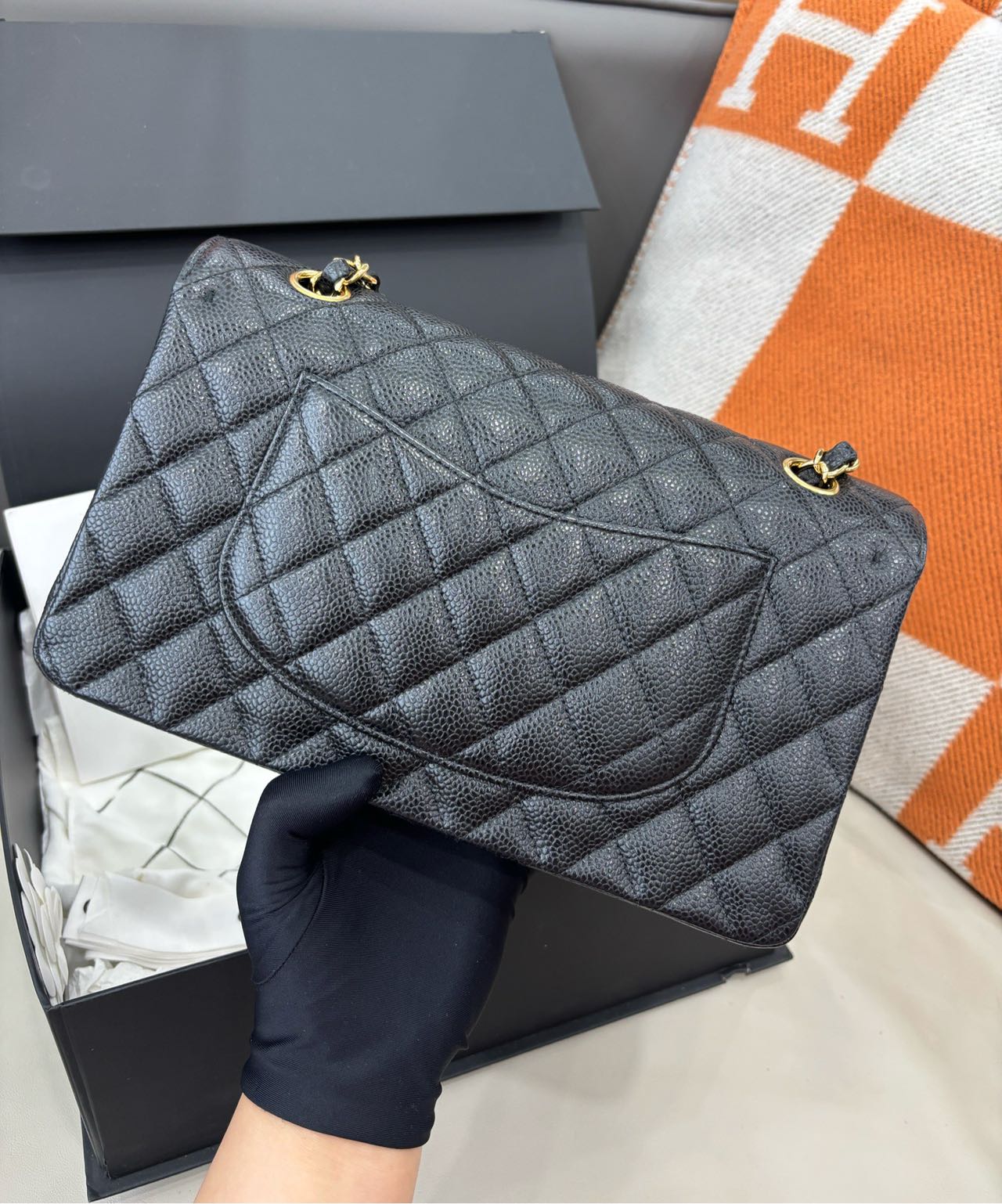 Pre-owned Certified Chanel  Medium CF Double Classic Flap Black Caviar Leather with Golden Hardware, 2016-2017, w/ full set