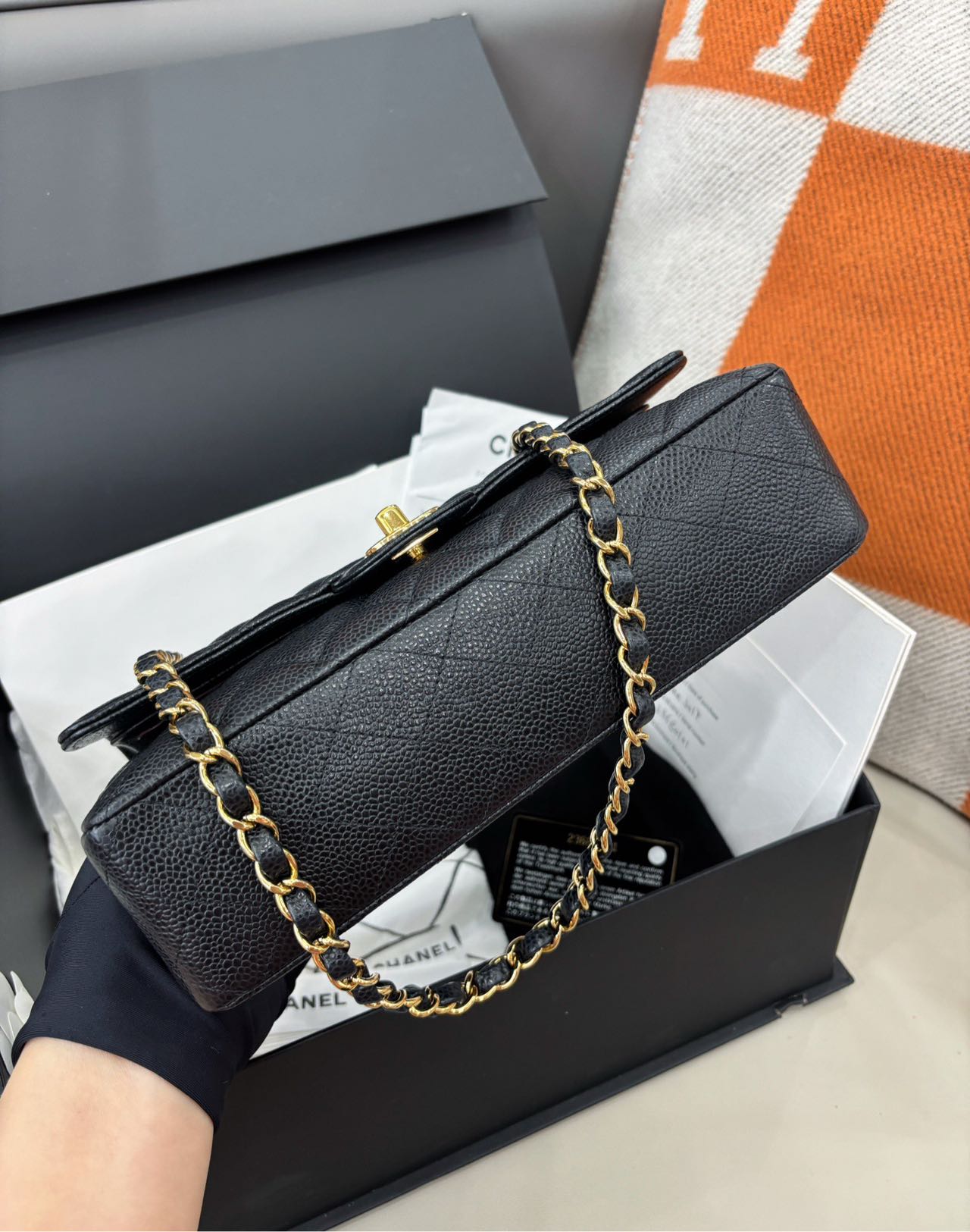 Pre-owned Certified Chanel  Medium CF Double Classic Flap Black Caviar Leather with Golden Hardware, 2016-2017, w/ full set