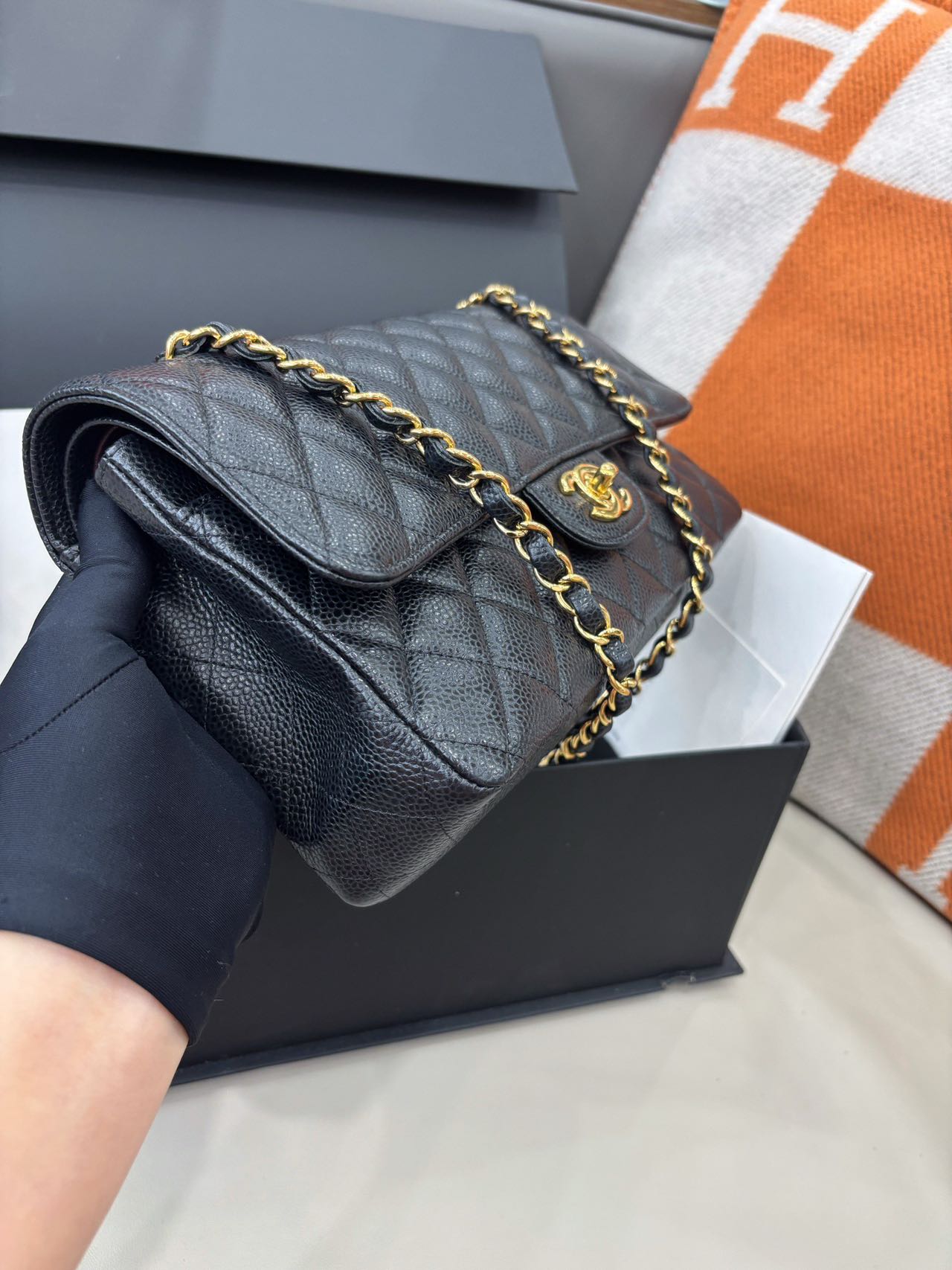 Pre-owned Certified Chanel  Medium CF Double Classic Flap Black Caviar Leather with Golden Hardware, 2016-2017, w/ full set