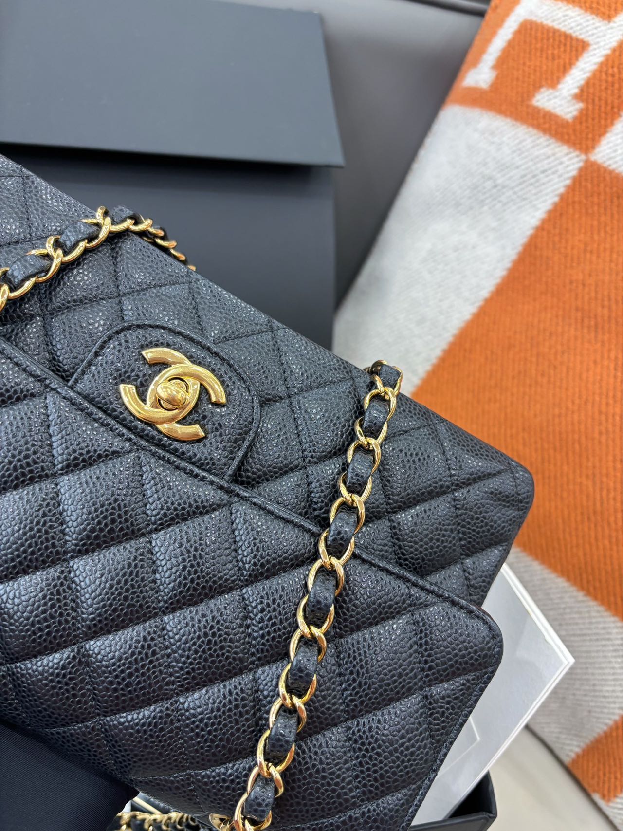 Pre-owned Certified Chanel  Medium CF Double Classic Flap Black Caviar Leather with Golden Hardware, 2016-2017, w/ full set
