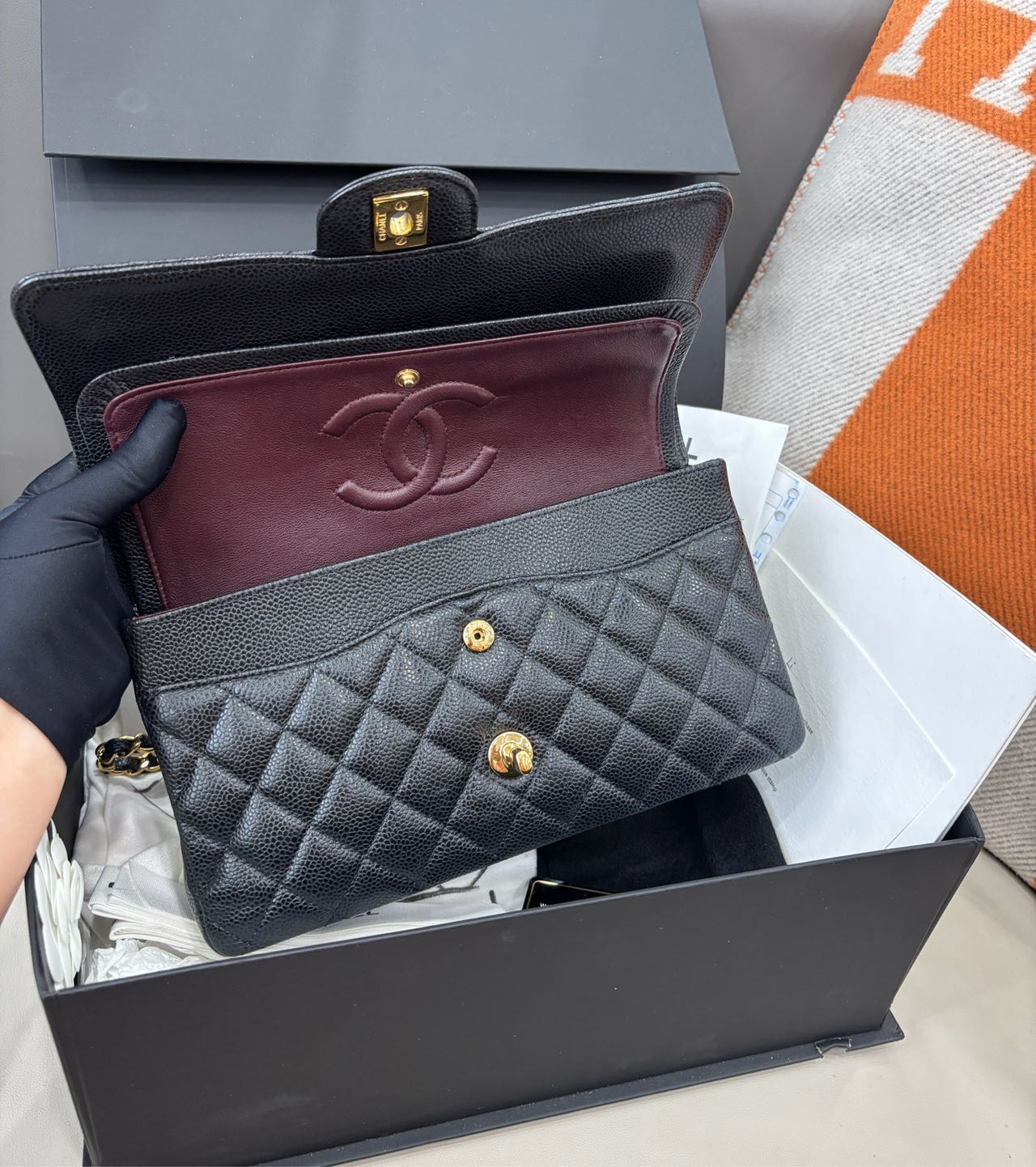 Pre-owned Certified Chanel  Medium CF Double Classic Flap Black Caviar Leather with Golden Hardware, 2016-2017, w/ full set