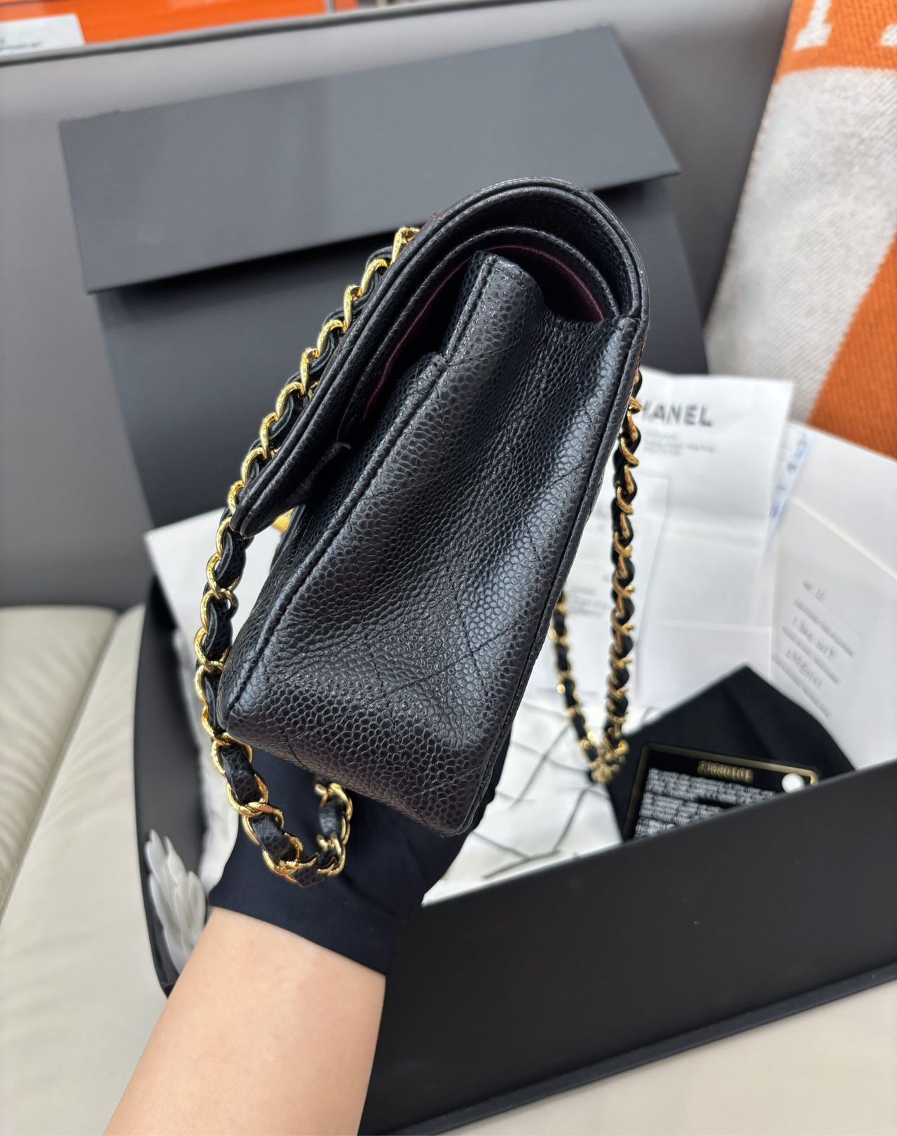 Pre-owned Certified Chanel  Medium CF Double Classic Flap Black Caviar Leather with Golden Hardware, 2016-2017, w/ full set