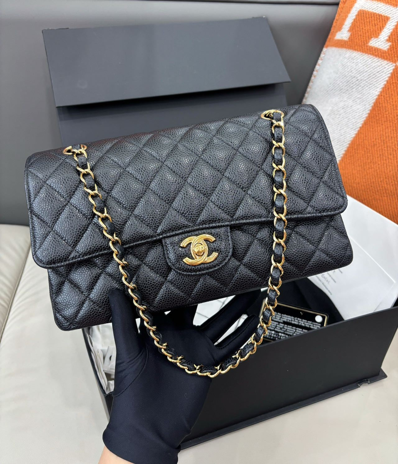 Pre-owned Certified Chanel  Medium CF Double Classic Flap Black Caviar Leather with Golden Hardware, 2016-2017, w/ full set