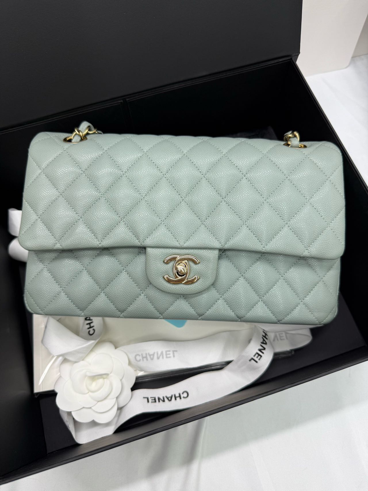 Pre-owned Certified Chanel  Medium CF Double Classic Flap Light Green Caviar Leather with Golden Hardware, 2023, w/full set