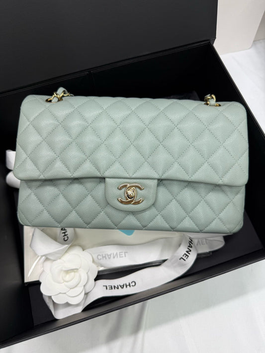 Pre-owned Certified Chanel  Medium CF Double Classic Flap Light Green Caviar Leather with Golden Hardware, 2023, w/full set