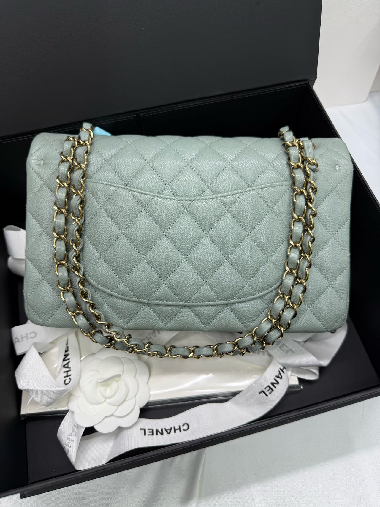 Pre-owned Certified Chanel  Medium CF Double Classic Flap Light Green Caviar Leather with Golden Hardware, 2023, w/full set