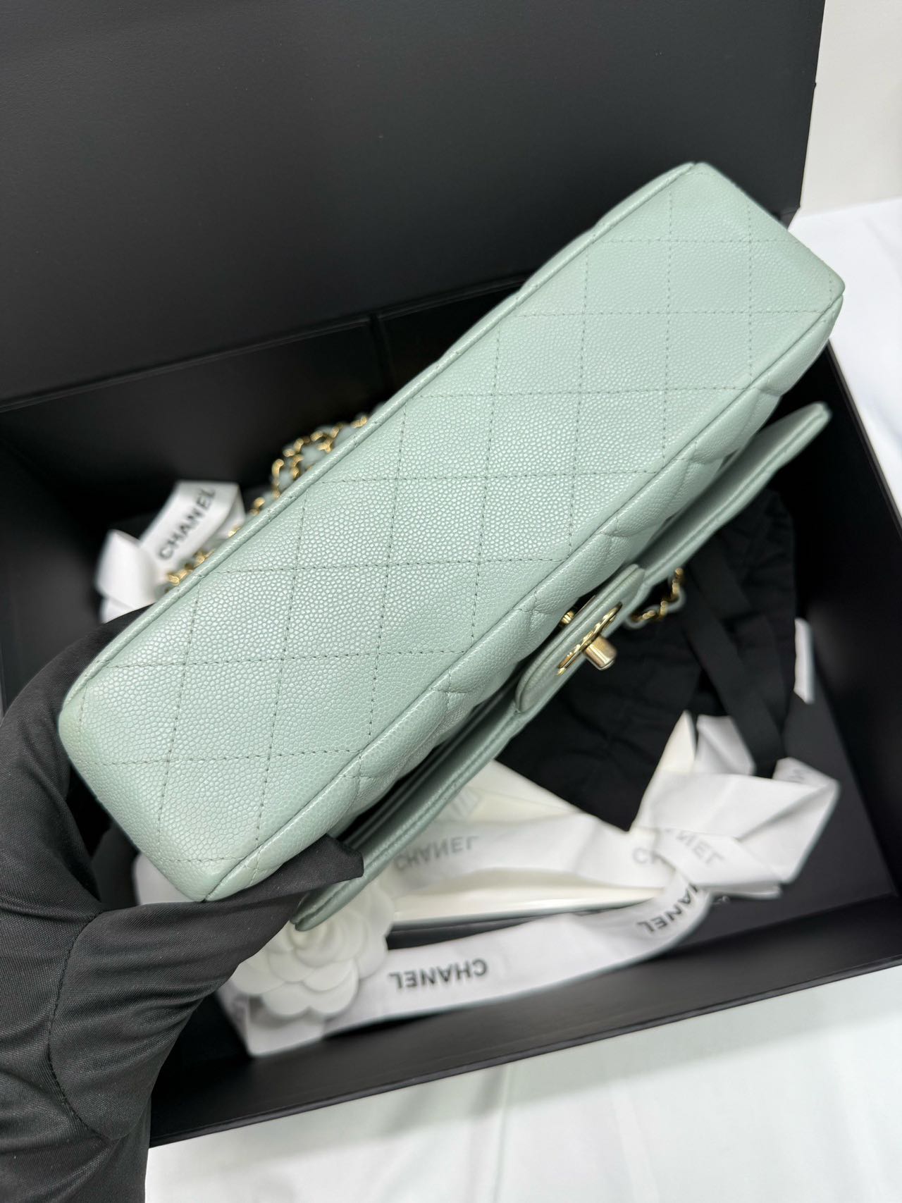 Pre-owned Certified Chanel  Medium CF Double Classic Flap Light Green Caviar Leather with Golden Hardware, 2023, w/full set