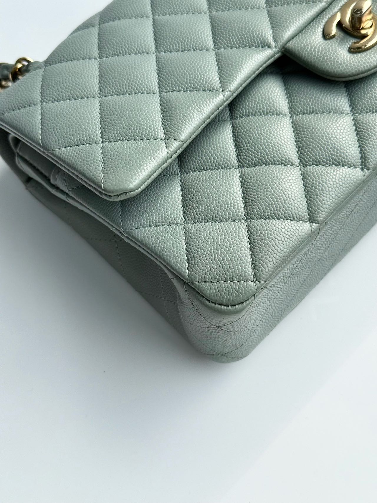 Pre-owned Certified Chanel  Medium CF Double Classic Flap Light Green Caviar Leather with Golden Hardware, 2023, w/full set