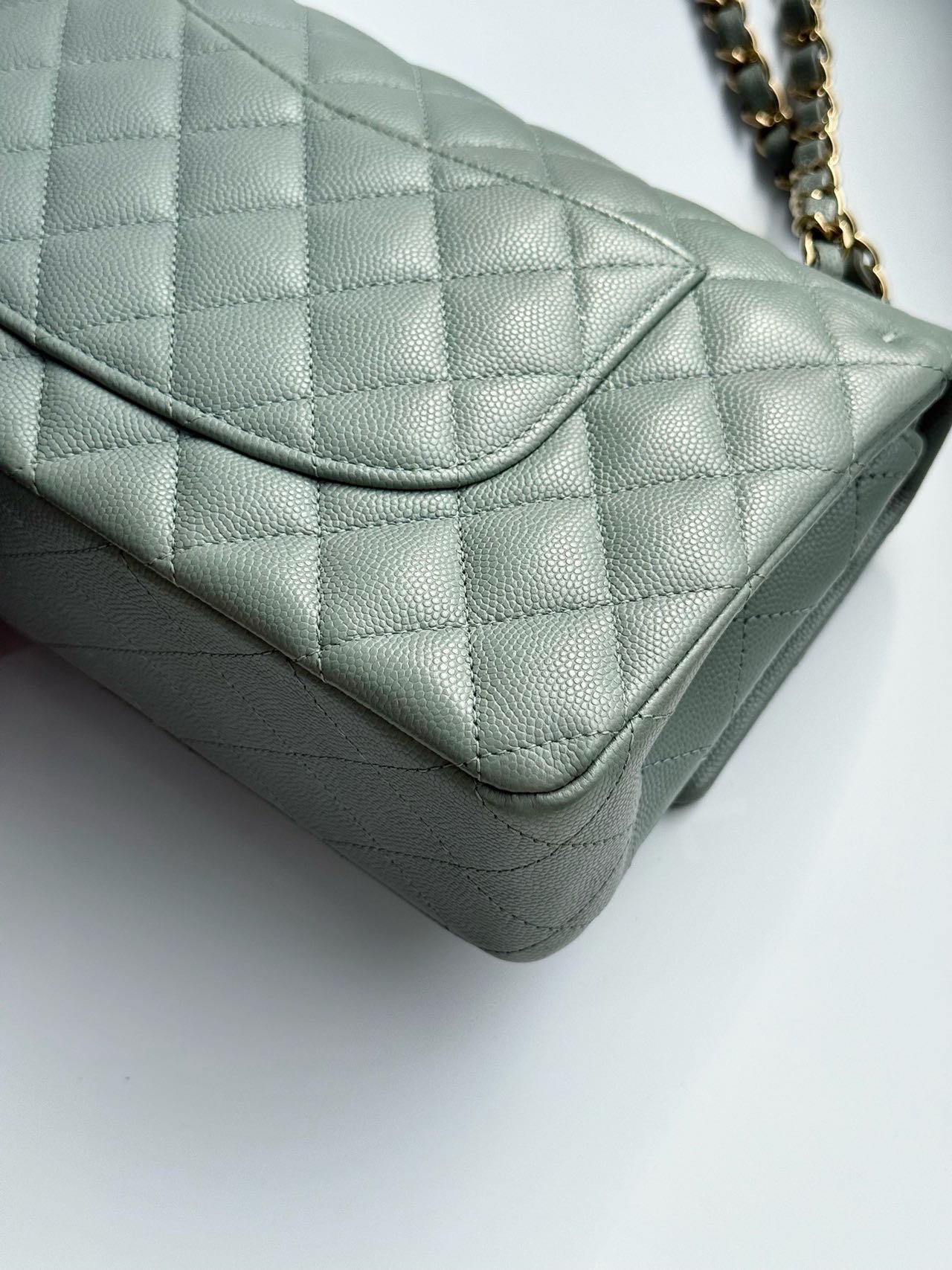 Pre-owned Certified Chanel  Medium CF Double Classic Flap Light Green Caviar Leather with Golden Hardware, 2023, w/full set