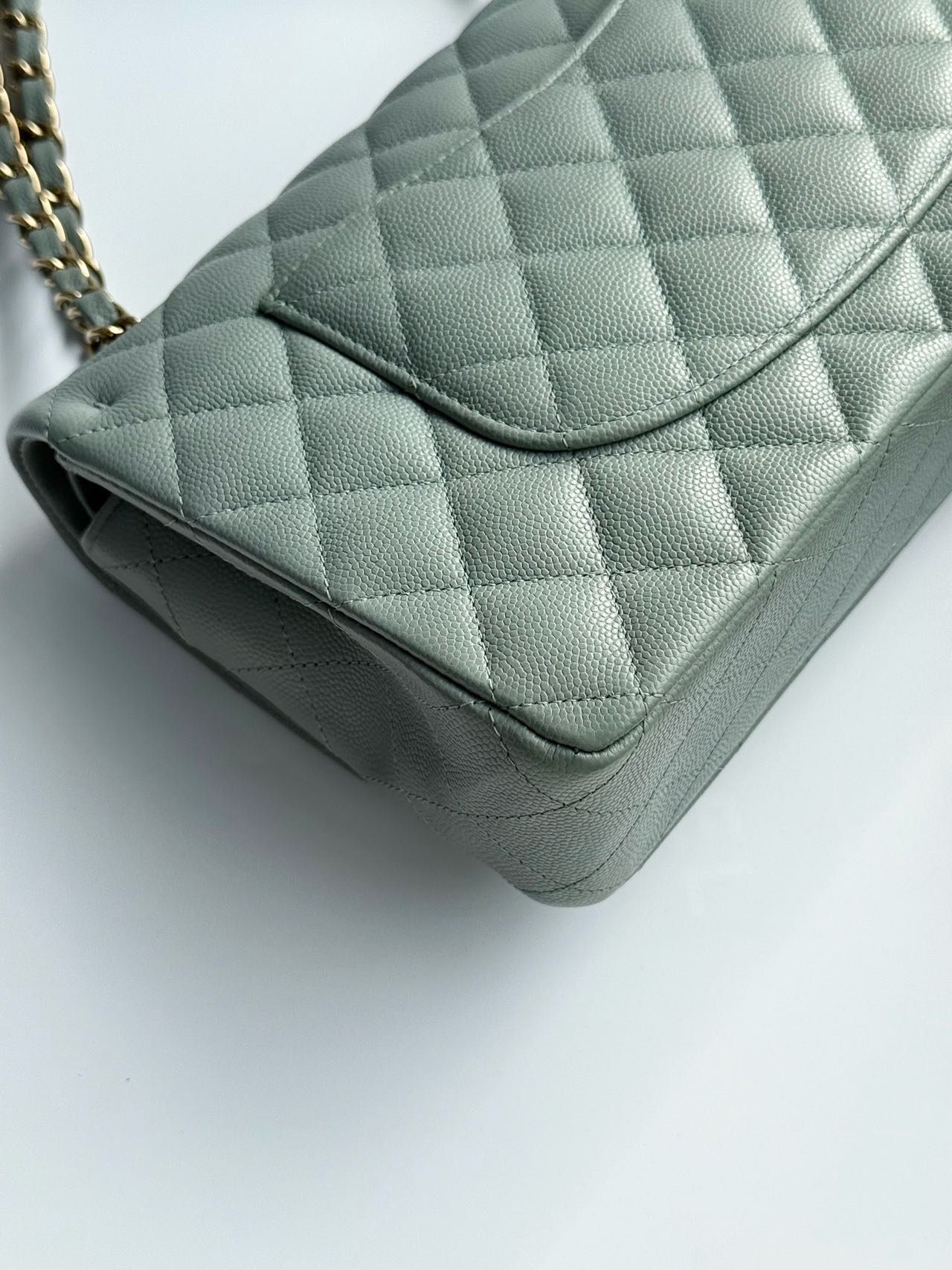 Pre-owned Certified Chanel  Medium CF Double Classic Flap Light Green Caviar Leather with Golden Hardware, 2023, w/full set