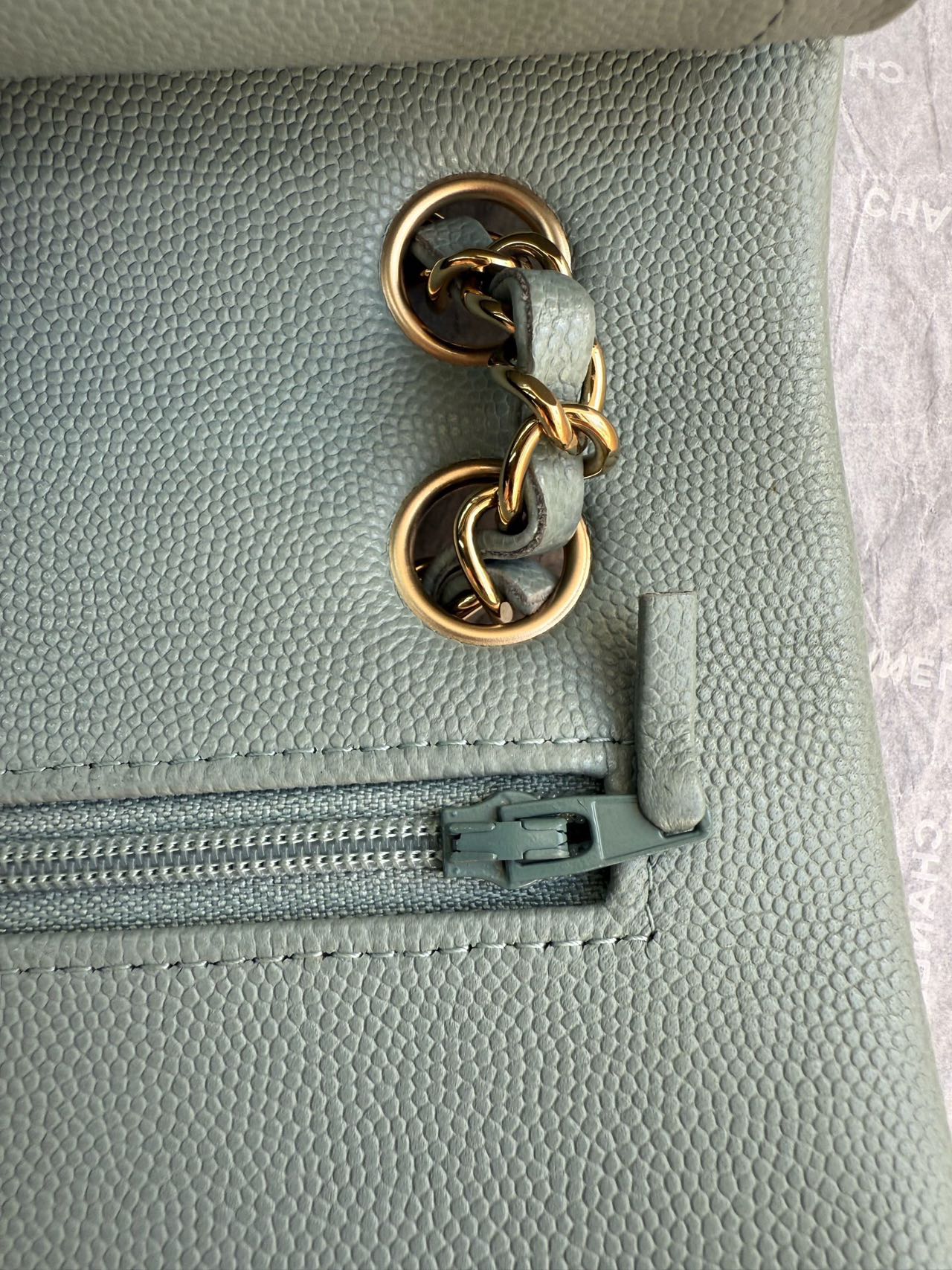 Pre-owned Certified Chanel  Medium CF Double Classic Flap Light Green Caviar Leather with Golden Hardware, 2023, w/full set