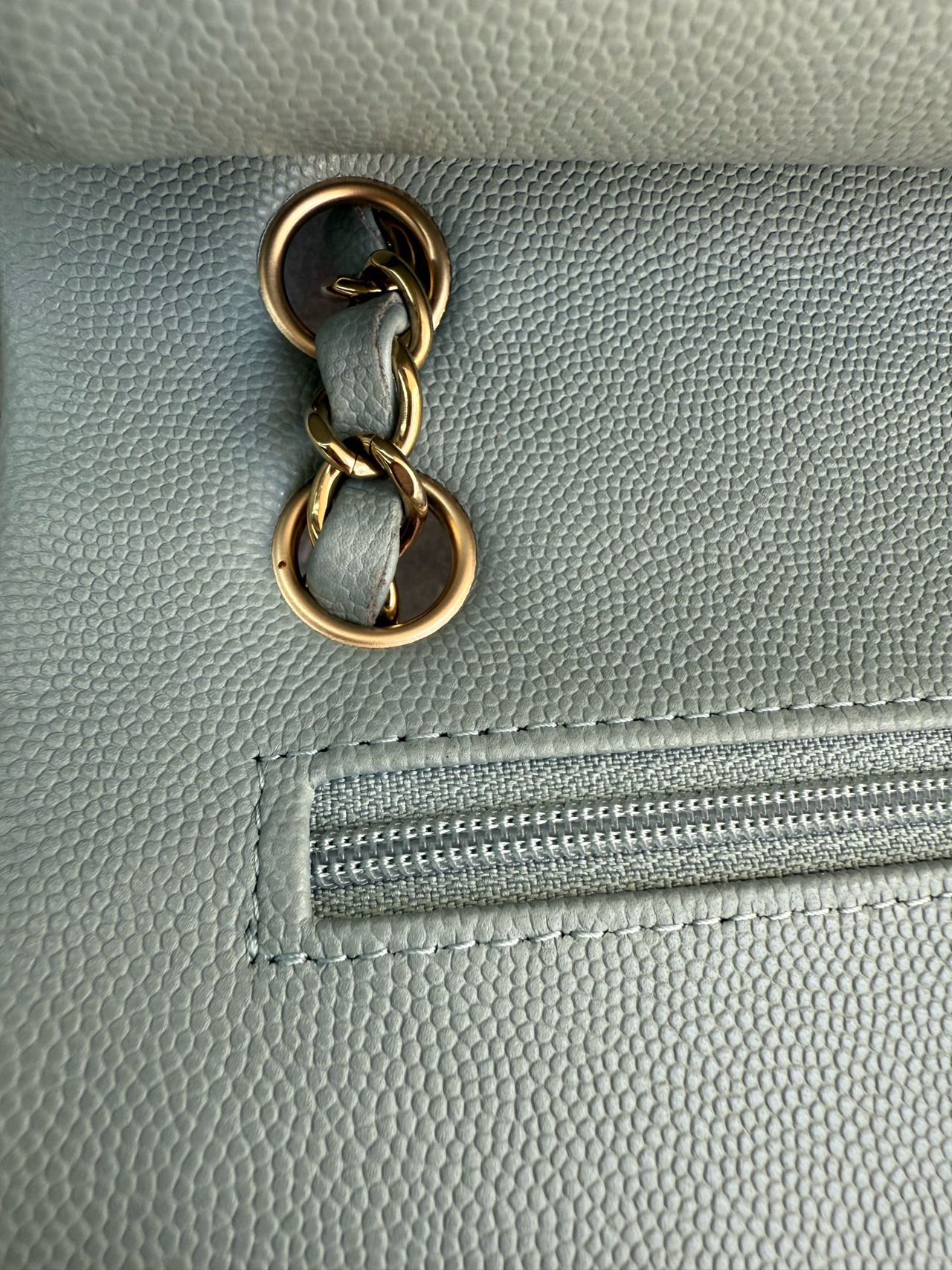 Pre-owned Certified Chanel  Medium CF Double Classic Flap Light Green Caviar Leather with Golden Hardware, 2023, w/full set