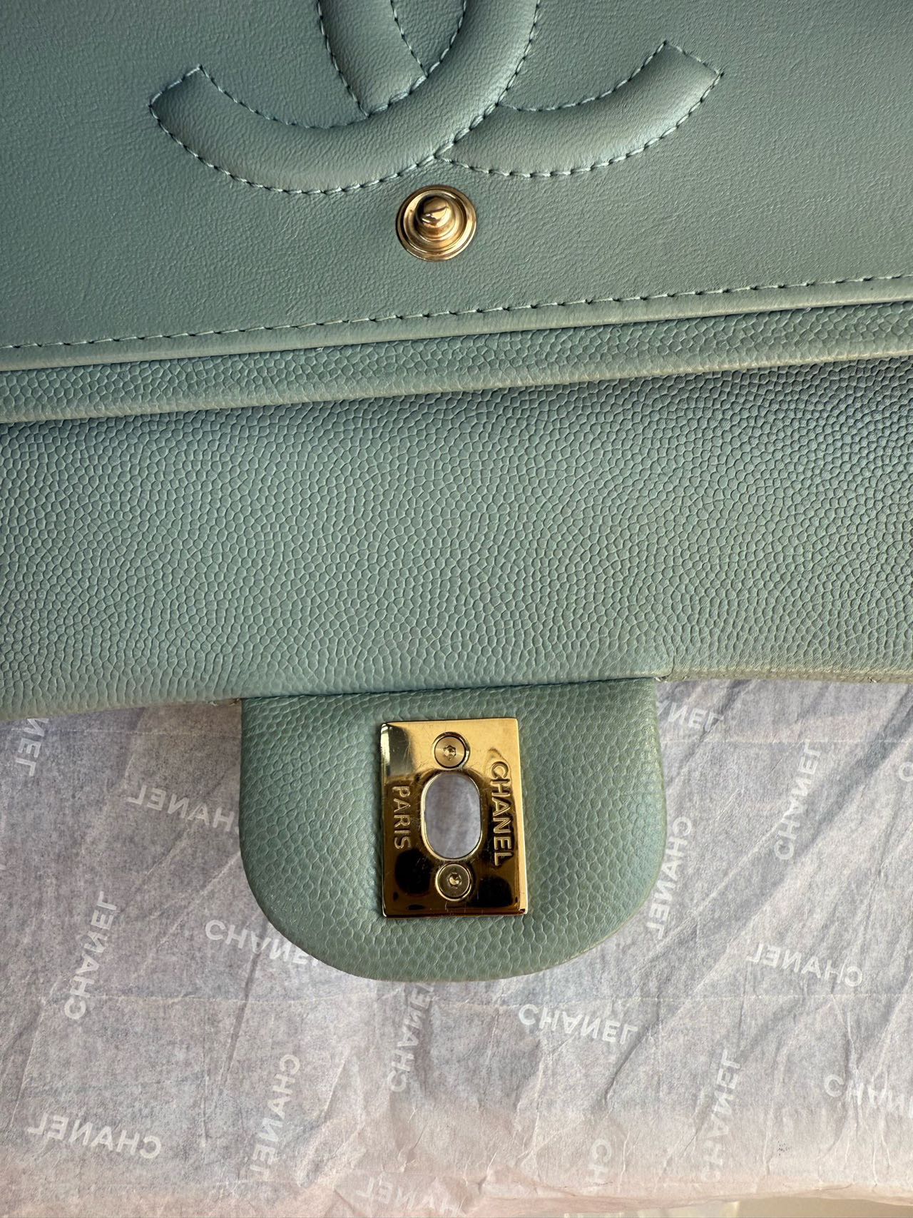 Pre-owned Certified Chanel  Medium CF Double Classic Flap Light Green Caviar Leather with Golden Hardware, 2023, w/full set
