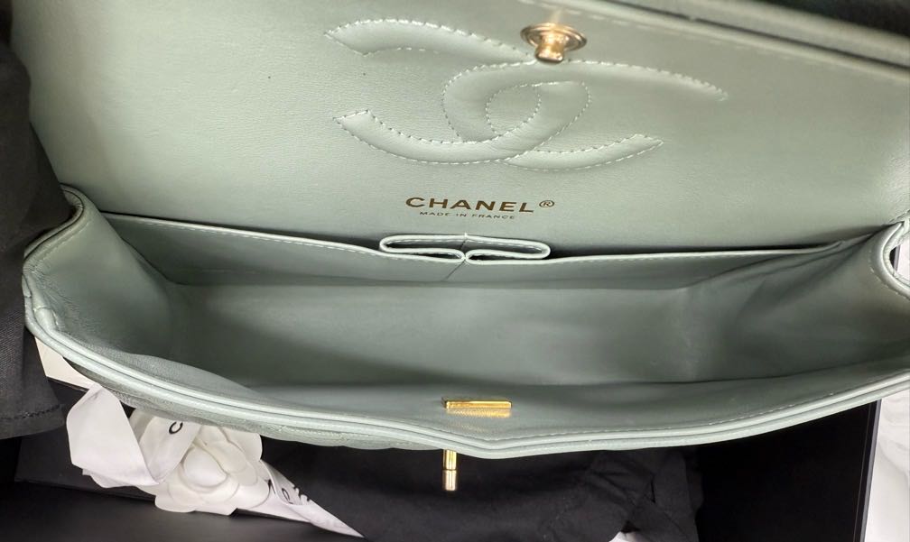 Pre-owned Certified Chanel  Medium CF Double Classic Flap Light Green Caviar Leather with Golden Hardware, 2023, w/full set