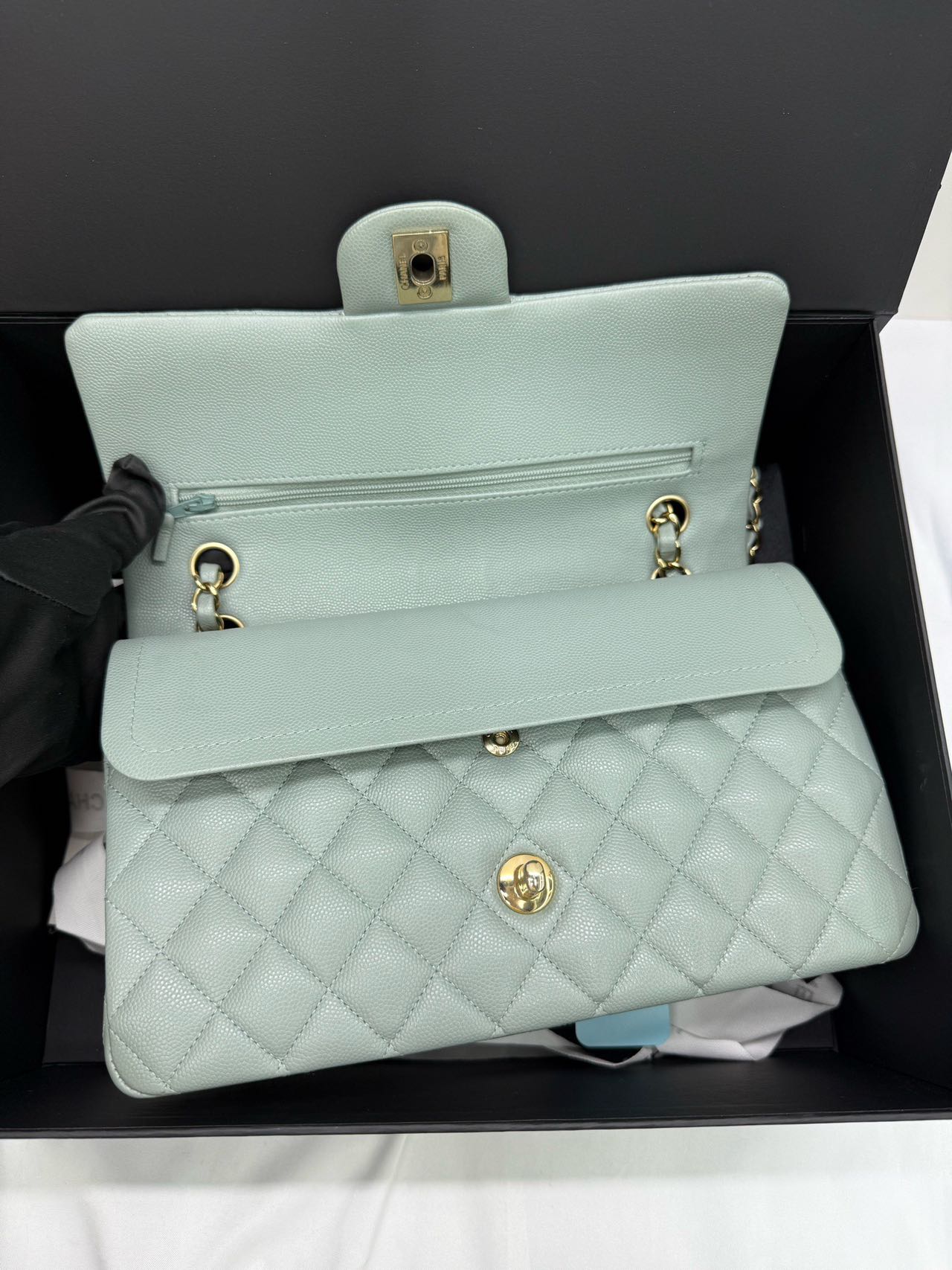 Pre-owned Certified Chanel  Medium CF Double Classic Flap Light Green Caviar Leather with Golden Hardware, 2023, w/full set
