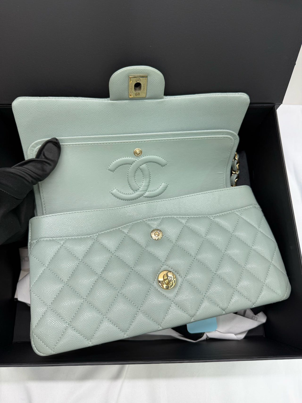 Pre-owned Certified Chanel  Medium CF Double Classic Flap Light Green Caviar Leather with Golden Hardware, 2023, w/full set