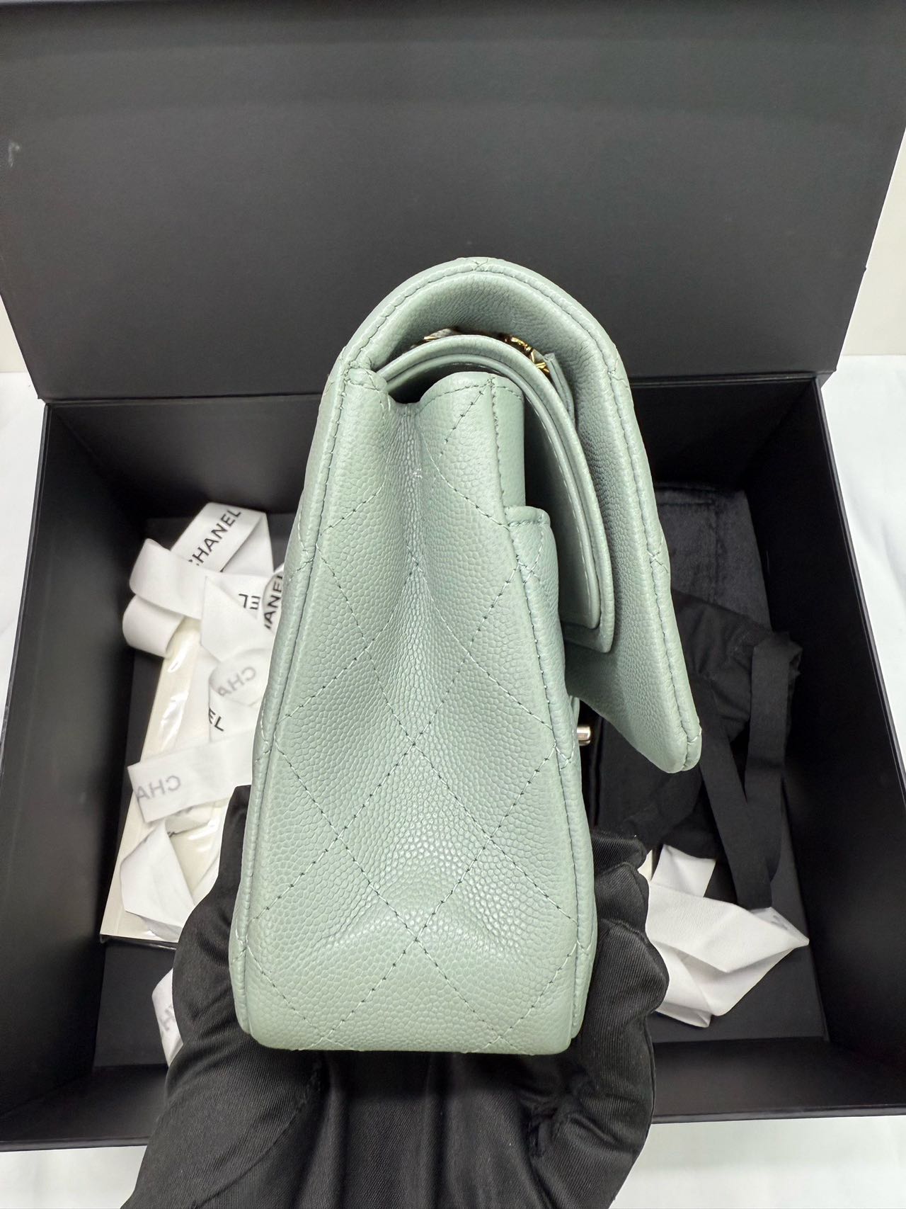 Pre-owned Certified Chanel  Medium CF Double Classic Flap Light Green Caviar Leather with Golden Hardware, 2023, w/full set