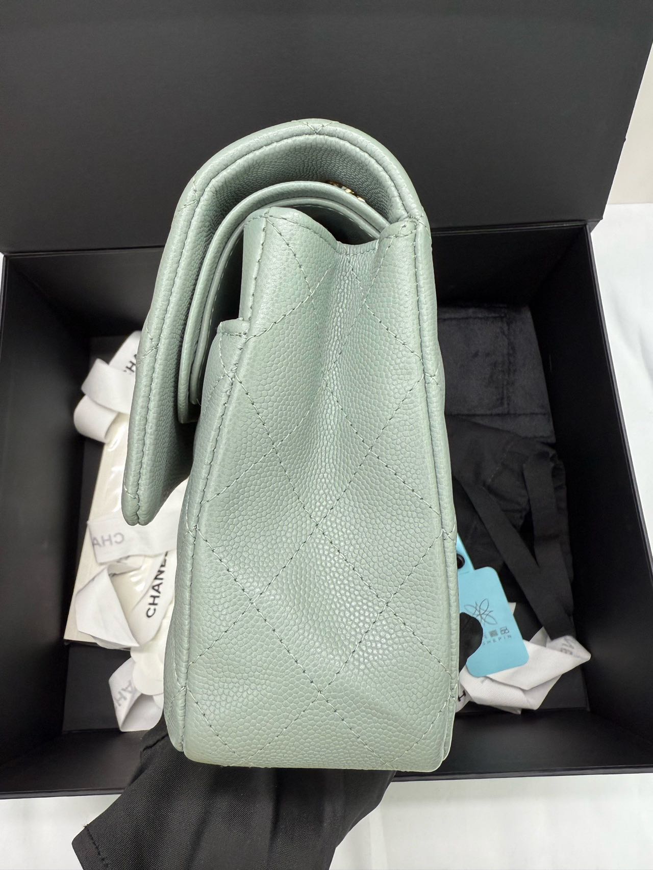 Pre-owned Certified Chanel  Medium CF Double Classic Flap Light Green Caviar Leather with Golden Hardware, 2023, w/full set