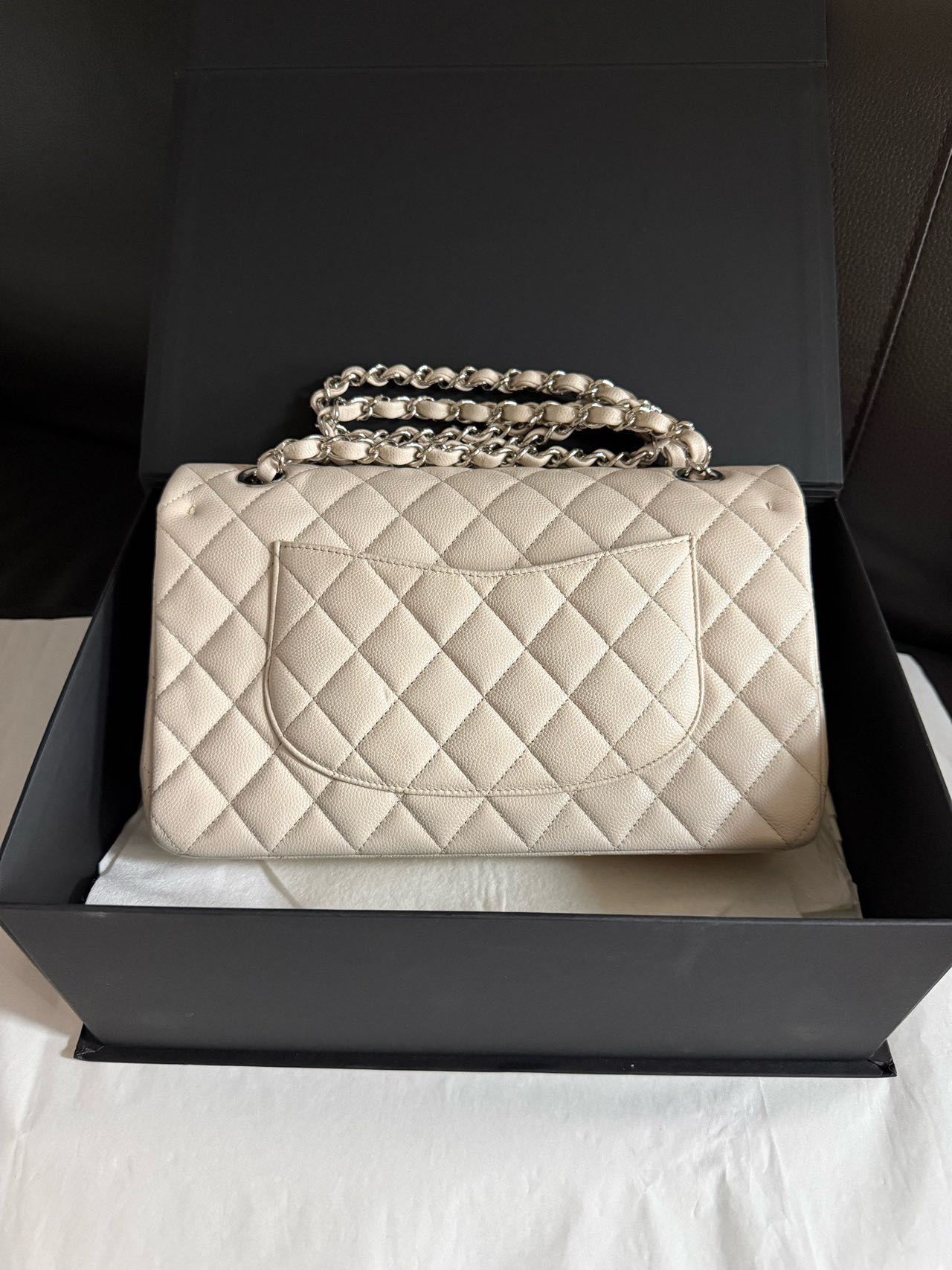 Pre-owned Certified Chanel Medium CF Double Classic Flap in Cream White Leather with Silver Hardware, 2018-2019, w/full set