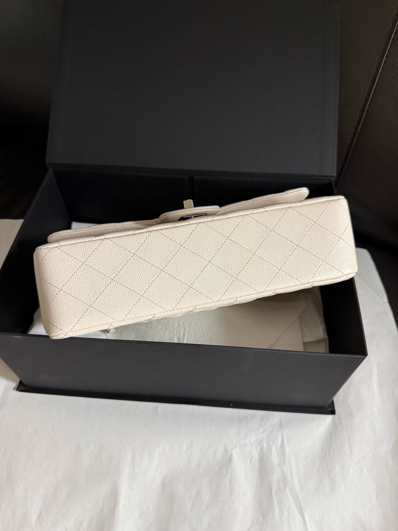 Pre-owned Certified Chanel Medium CF Double Classic Flap in Cream White Leather with Silver Hardware, 2018-2019, w/full set