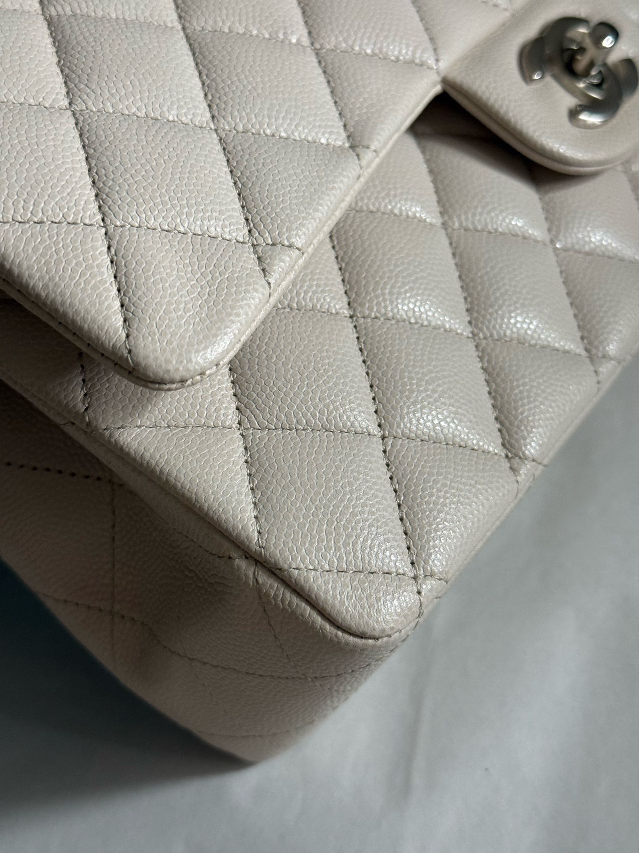 Pre-owned Certified Chanel Medium CF Double Classic Flap in Cream White Leather with Silver Hardware, 2018-2019, w/full set