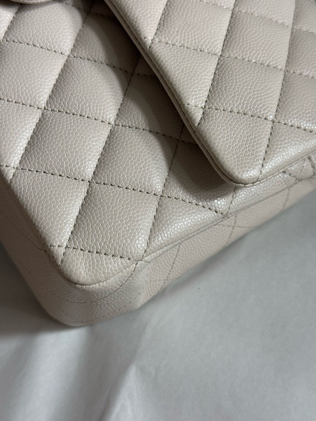 Pre-owned Certified Chanel Medium CF Double Classic Flap in Cream White Leather with Silver Hardware, 2018-2019, w/full set