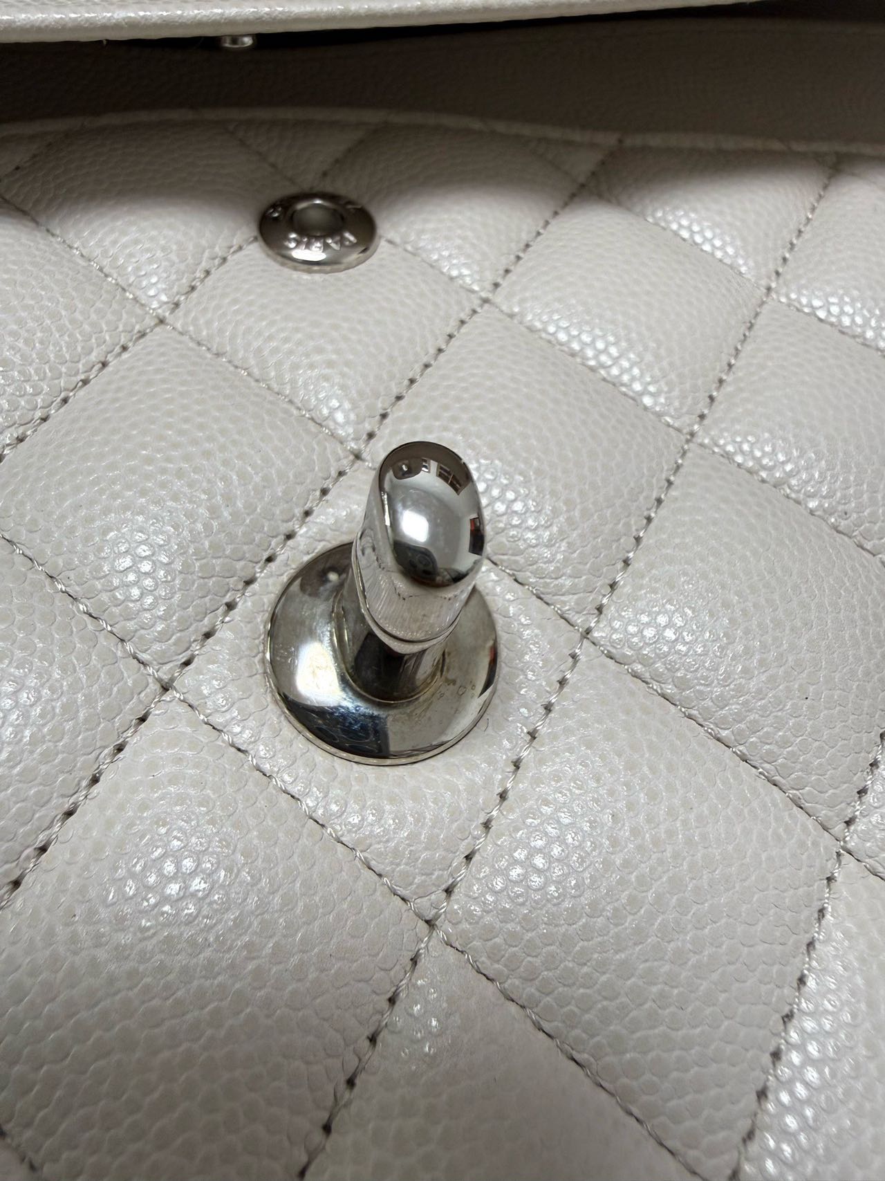 Pre-owned Certified Chanel Medium CF Double Classic Flap in Cream White Leather with Silver Hardware, 2018-2019, w/full set