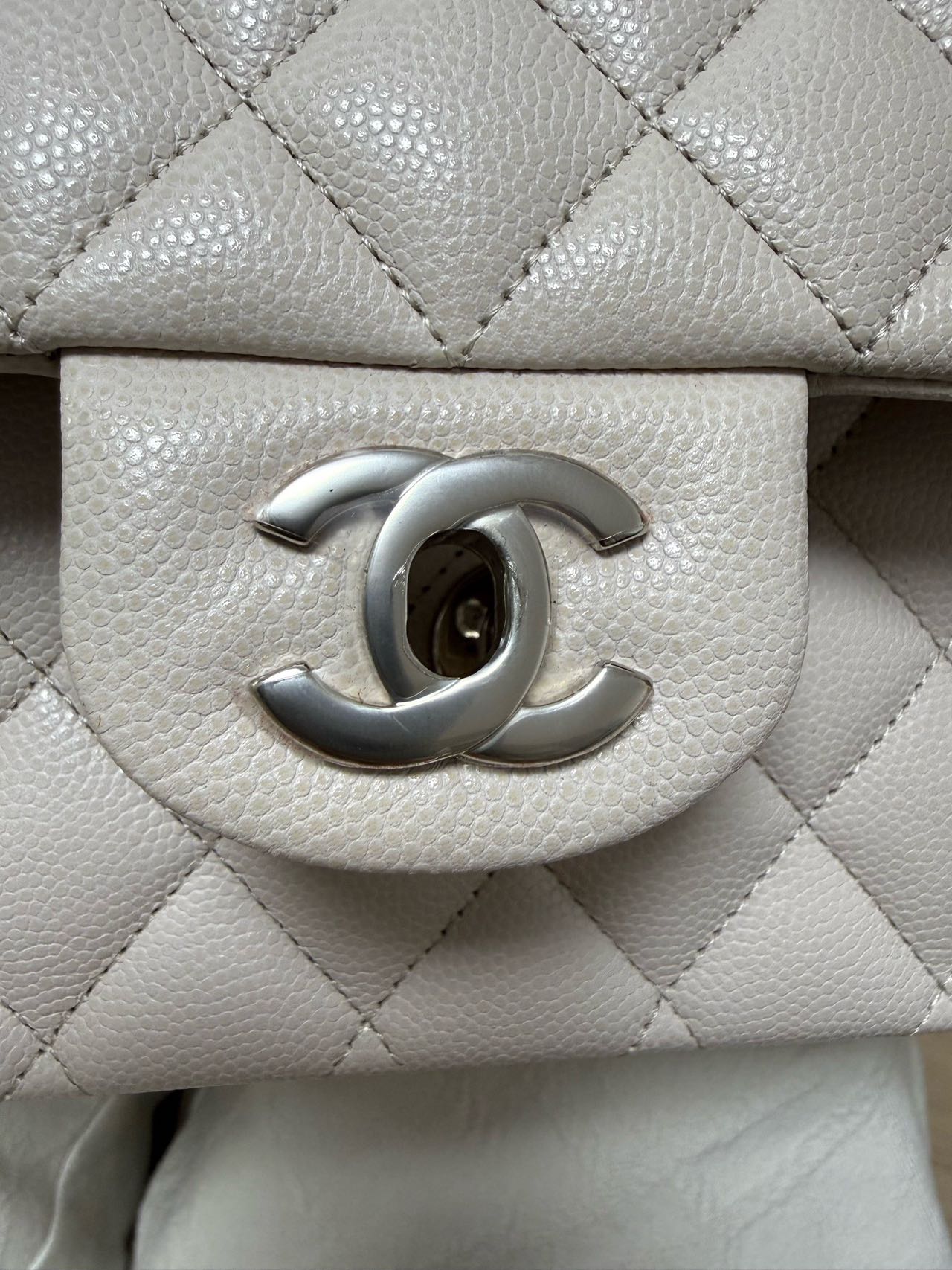 Pre-owned Certified Chanel Medium CF Double Classic Flap in Cream White Leather with Silver Hardware, 2018-2019, w/full set
