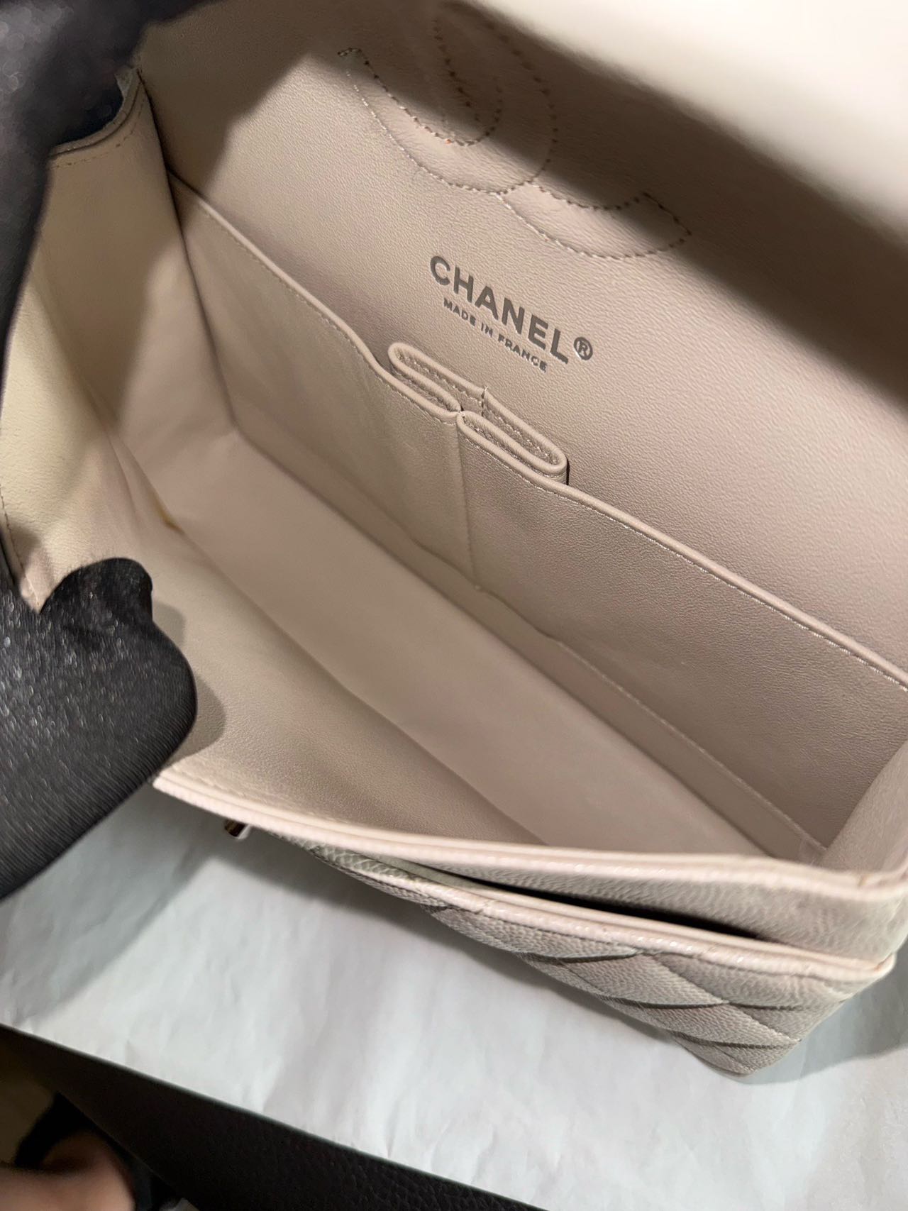 Pre-owned Certified Chanel Medium CF Double Classic Flap in Cream White Leather with Silver Hardware, 2018-2019, w/full set
