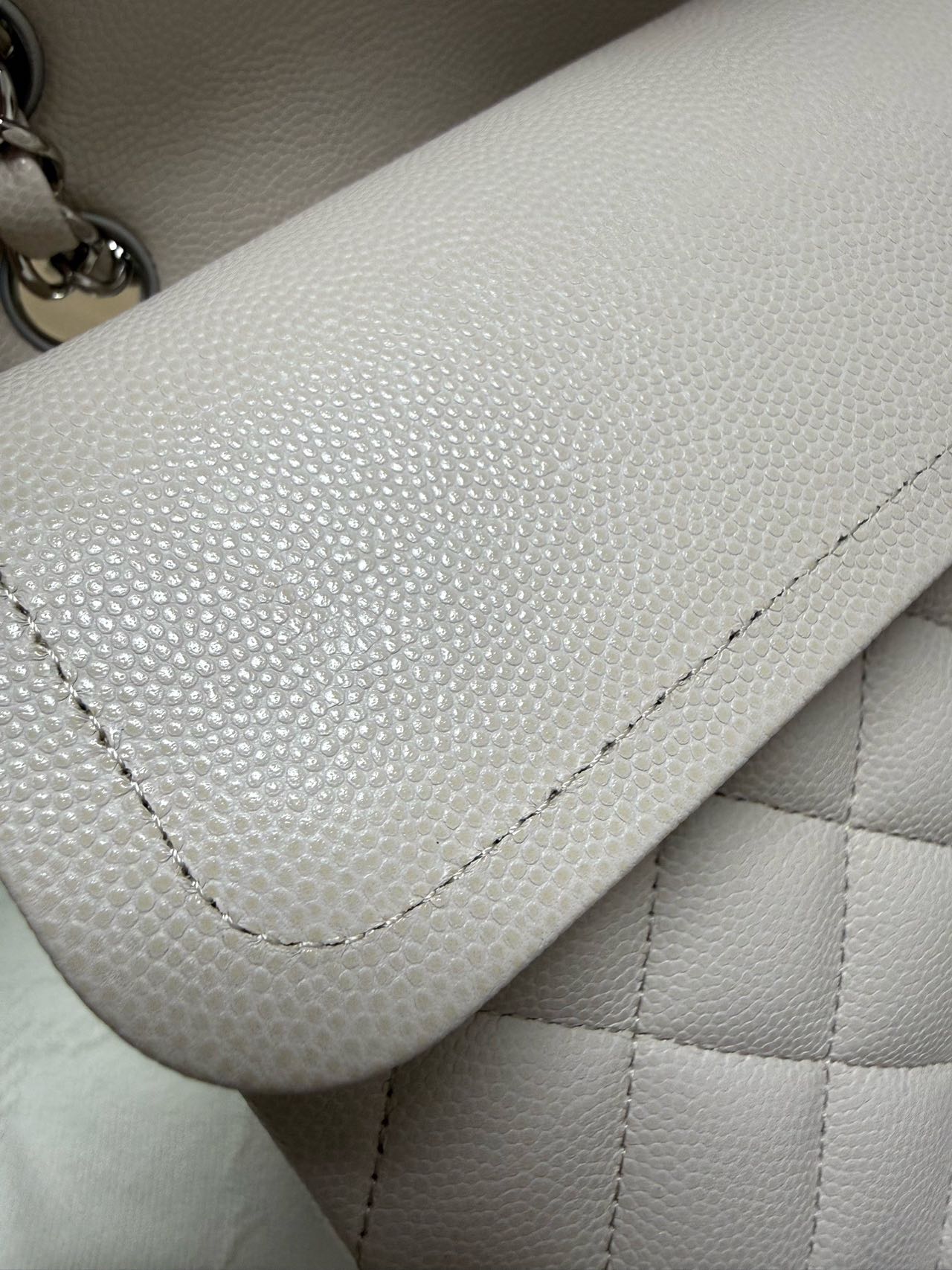 Pre-owned Certified Chanel Medium CF Double Classic Flap in Cream White Leather with Silver Hardware, 2018-2019, w/full set