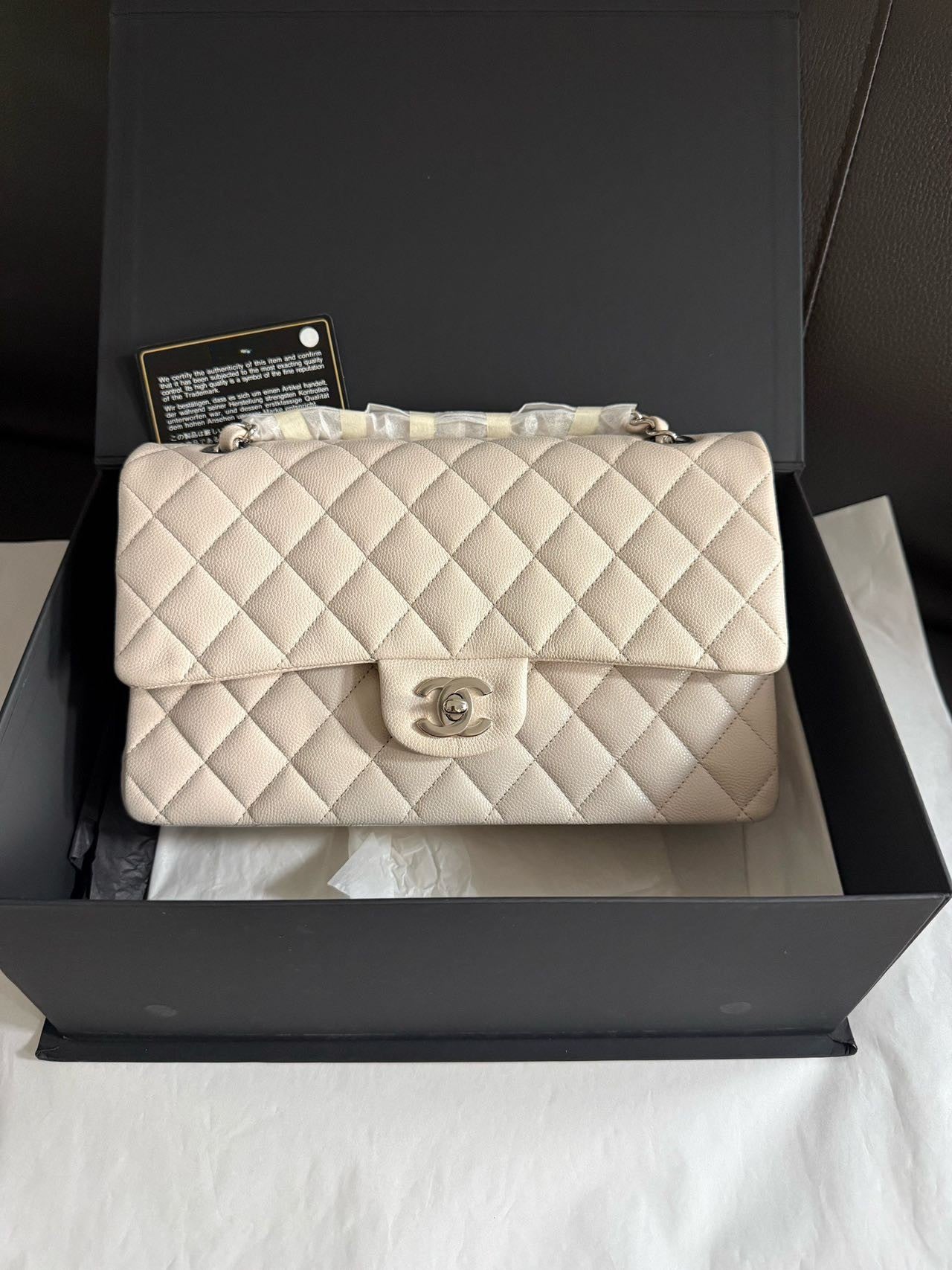 Pre-owned Certified Chanel Medium CF Double Classic Flap in Cream White Leather with Silver Hardware, 2018-2019, w/full set