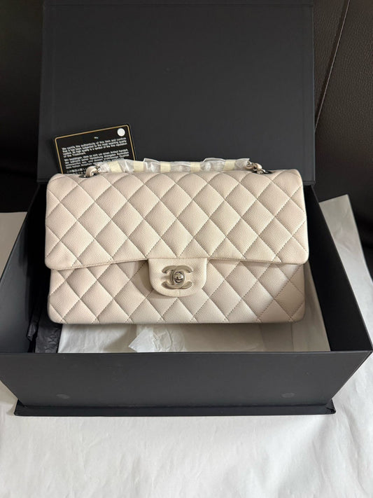Pre-owned Certified Chanel Medium CF Double Classic Flap in Cream White Leather with Silver Hardware, 2018-2019, w/full set