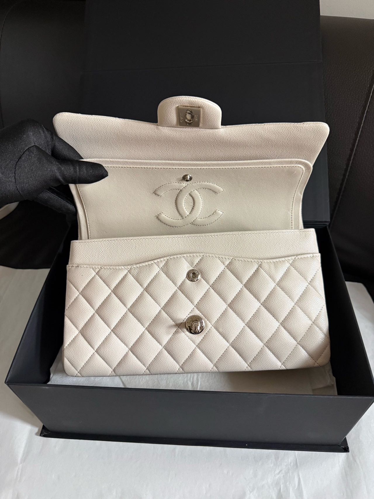 Pre-owned Certified Chanel Medium CF Double Classic Flap in Cream White Leather with Silver Hardware, 2018-2019, w/full set