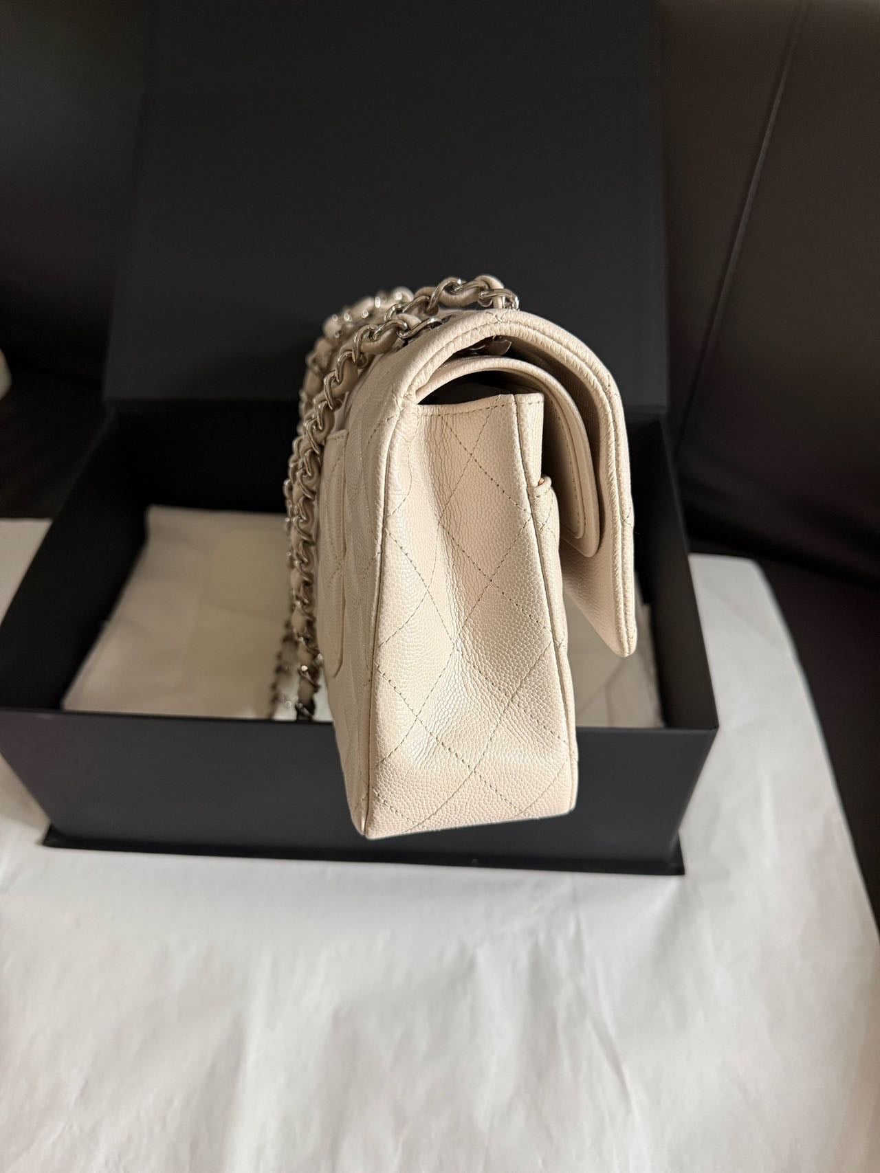 Pre-owned Certified Chanel Medium CF Double Classic Flap in Cream White Leather with Silver Hardware, 2018-2019, w/full set