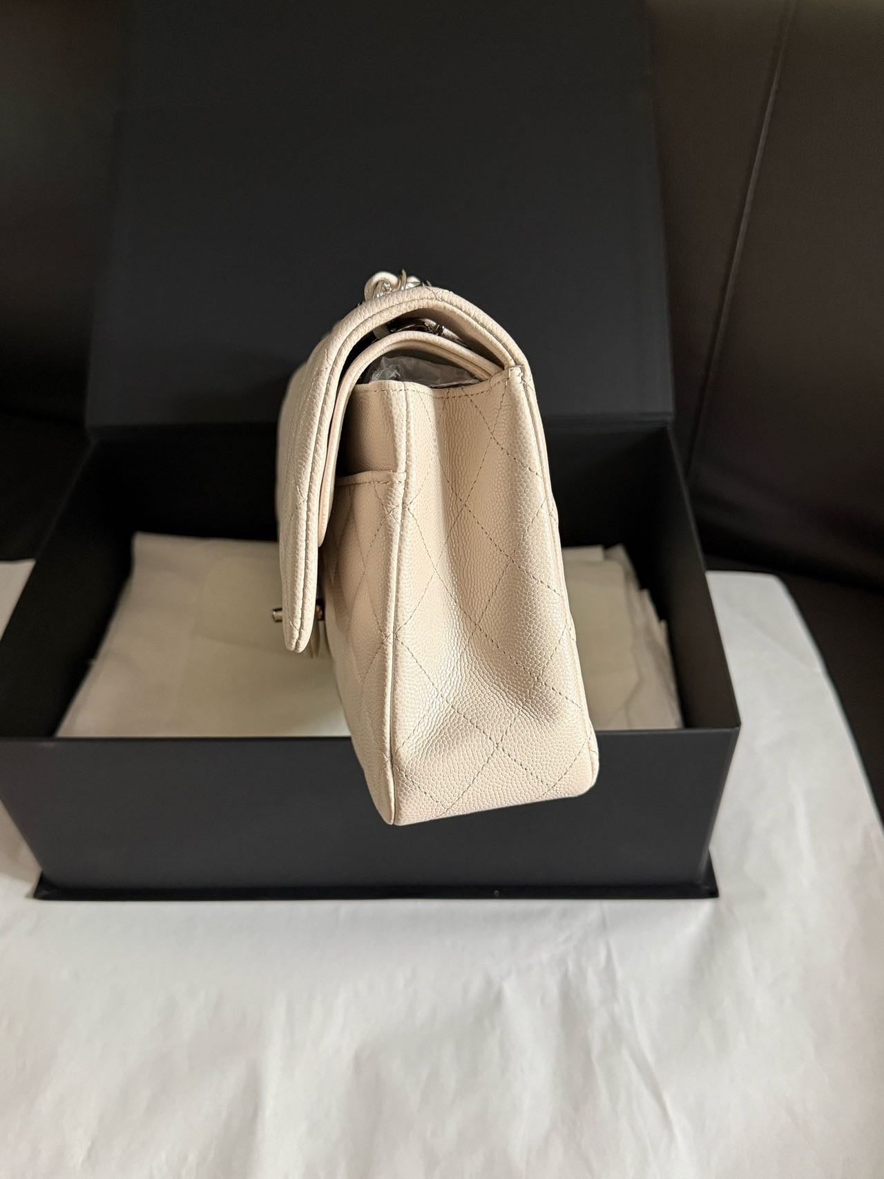 Pre-owned Certified Chanel Medium CF Double Classic Flap in Cream White Leather with Silver Hardware, 2018-2019, w/full set