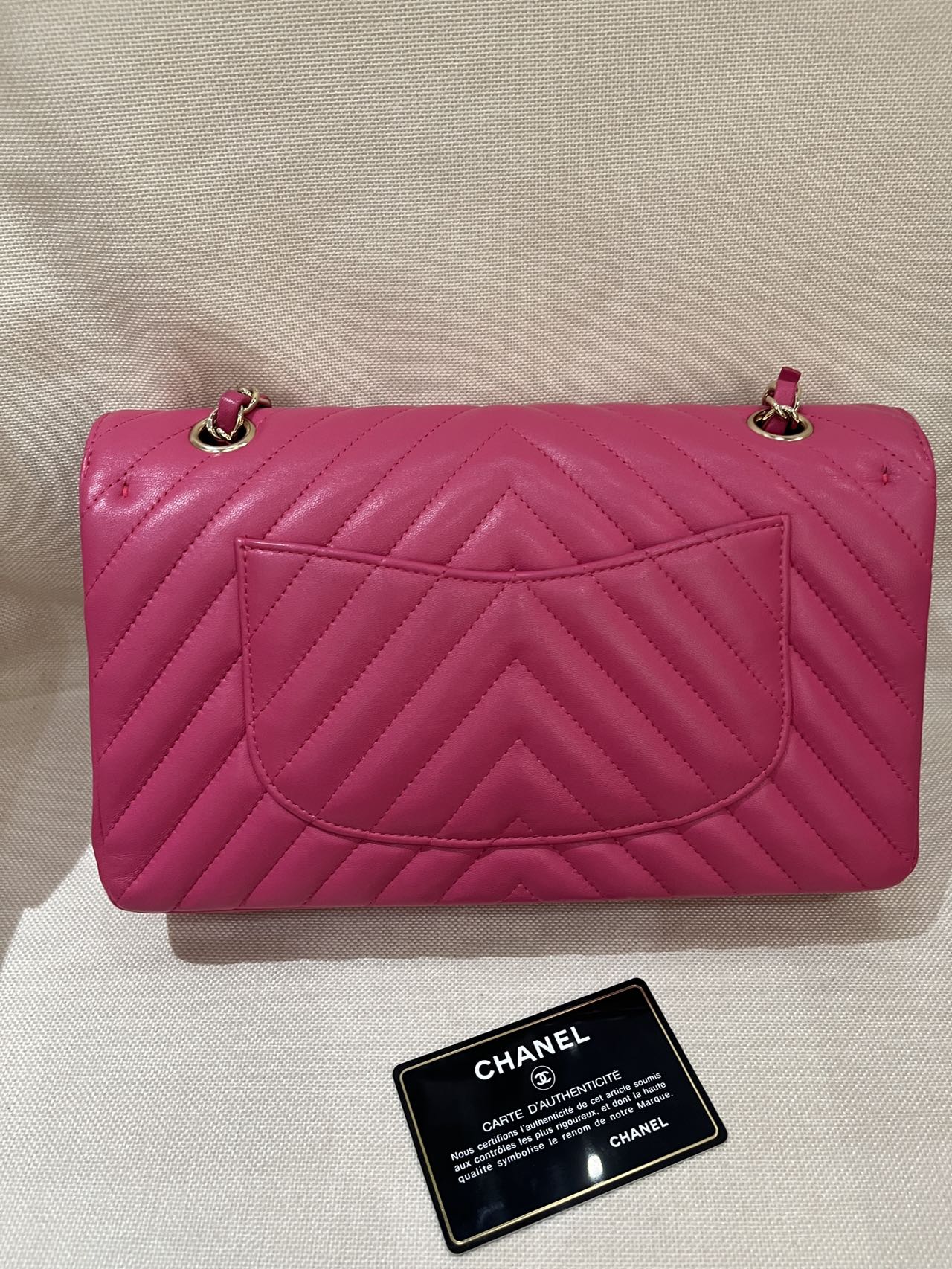 Pre-owned Certified Chanel Medium CF Double Classic Flap in Fuchsia Pink Chevron Quilted Lambskin, Light Golden Hardware, 2017-2018, w/ Full Set