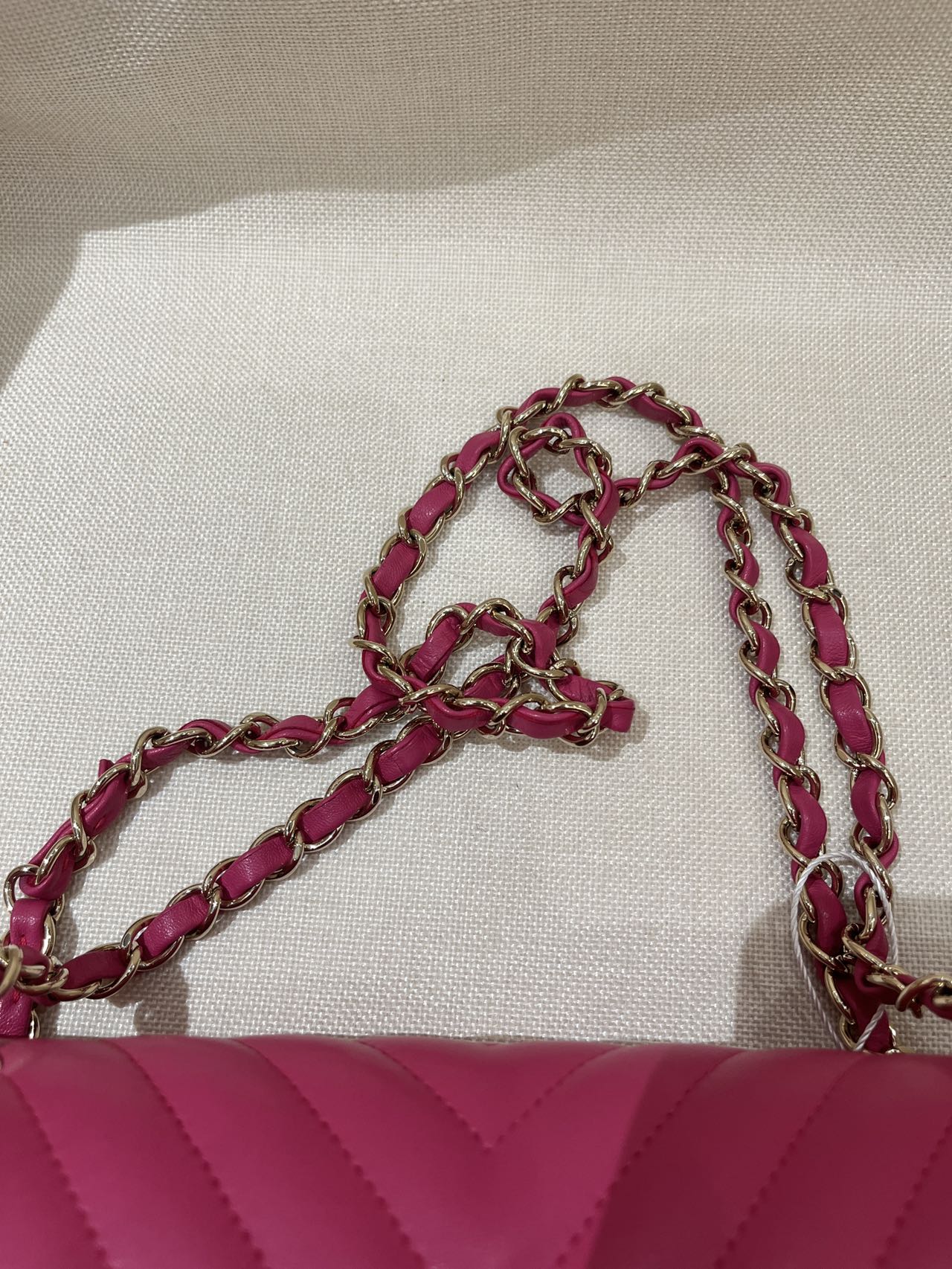 Pre-owned Certified Chanel Medium CF Double Classic Flap in Fuchsia Pink Chevron Quilted Lambskin, Light Golden Hardware, 2017-2018, w/ Full Set