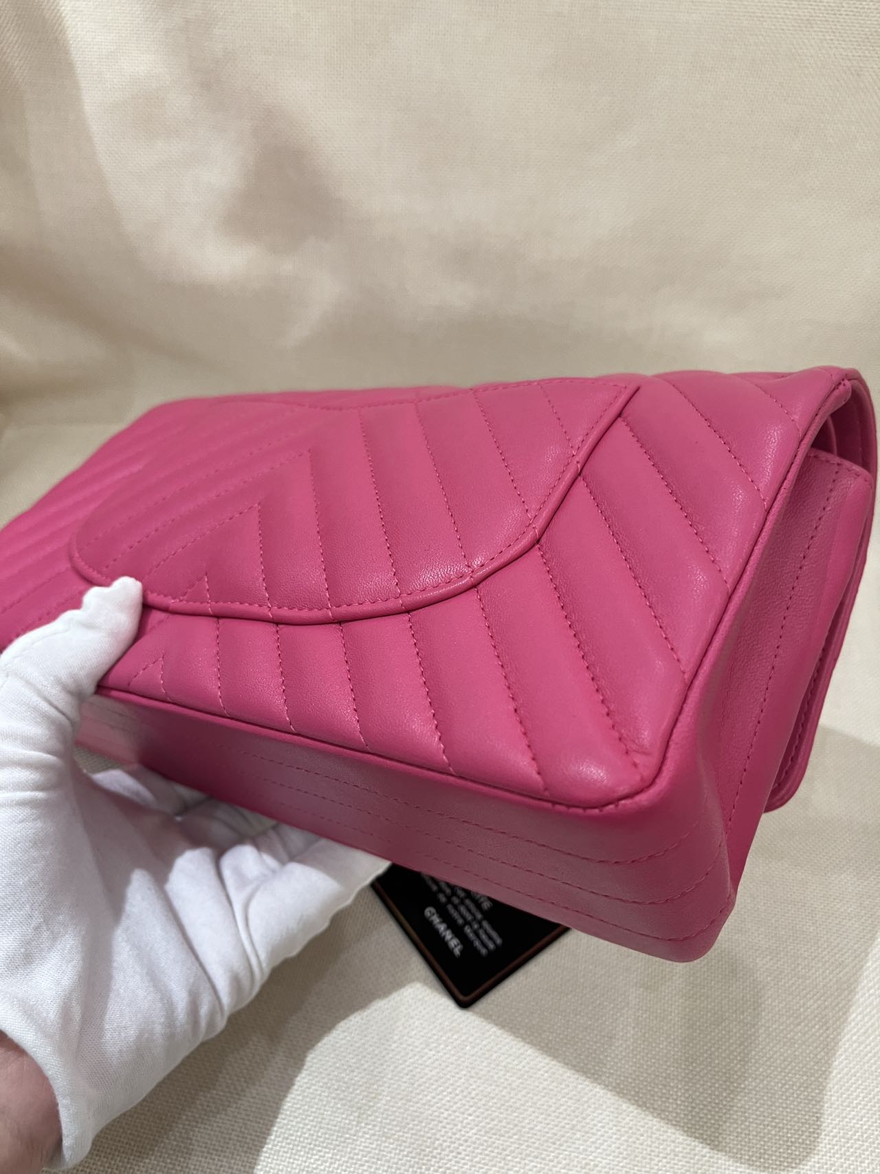 Pre-owned Certified Chanel Medium CF Double Classic Flap in Fuchsia Pink Chevron Quilted Lambskin, Light Golden Hardware, 2017-2018, w/ Full Set