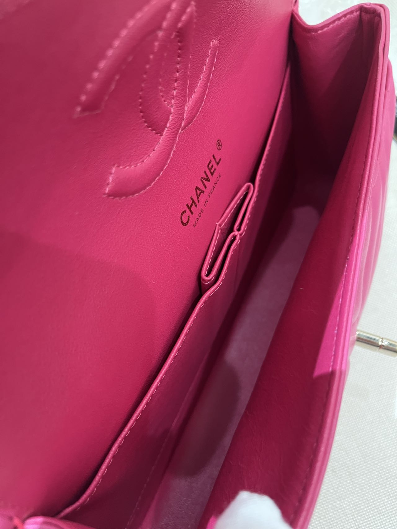 Pre-owned Certified Chanel Medium CF Double Classic Flap in Fuchsia Pink Chevron Quilted Lambskin, Light Golden Hardware, 2017-2018, w/ Full Set