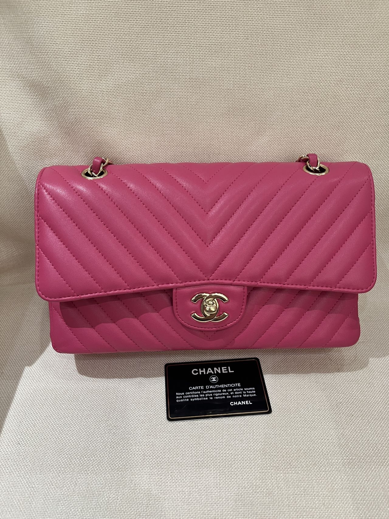 Pre-owned Certified Chanel Medium CF Double Classic Flap in Fuchsia Pink Chevron Quilted Lambskin, Light Golden Hardware, 2017-2018, w/ Full Set